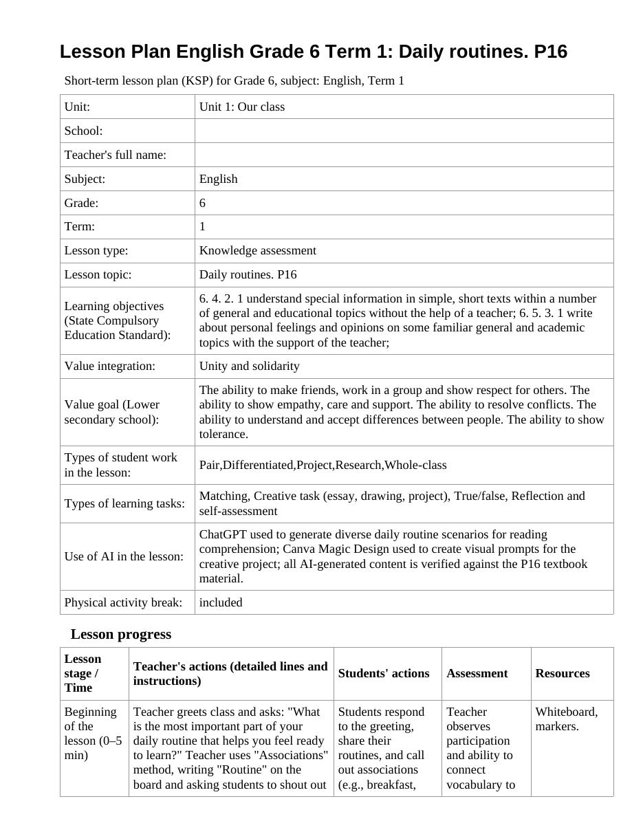 Lesson Plan English Grade 6 Term 1: Daily routines. P16