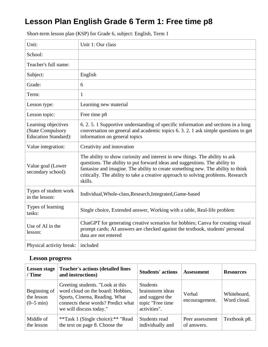Lesson Plan English Grade 6 Term 1: Free time p8