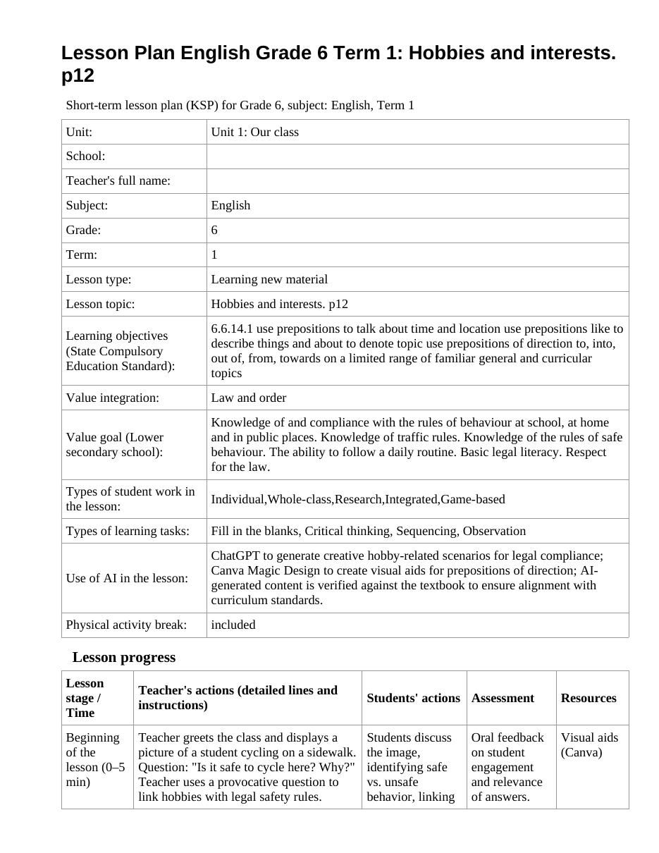 Lesson Plan English Grade 6 Term 1: Hobbies and interests. p12