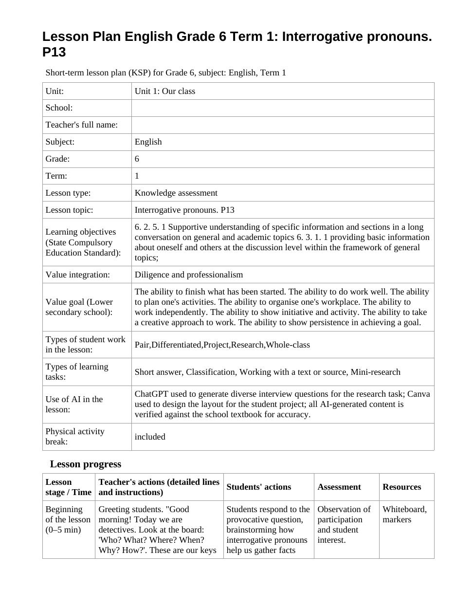 Lesson Plan English Grade 6 Term 1: Interrogative pronouns. P13