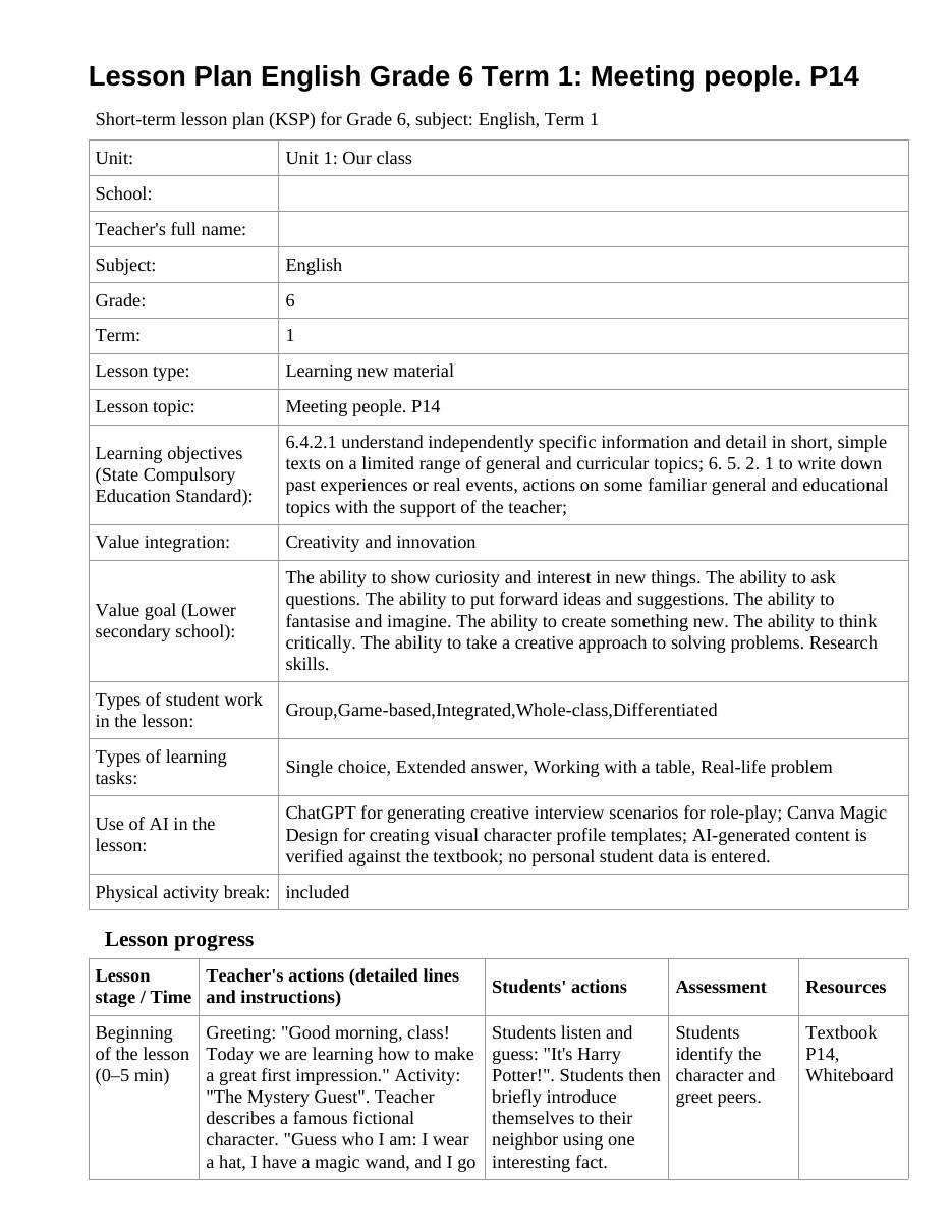 Lesson Plan English Grade 6 Term 1: Meeting people. P14