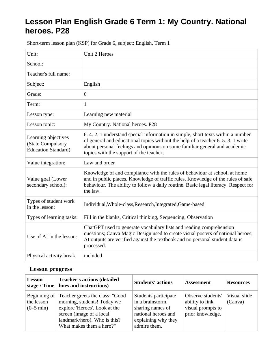 Lesson Plan English Grade 6 Term 1: My Country. National heroes. P28