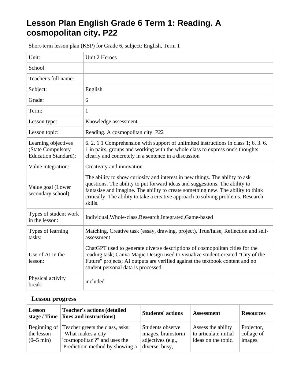 Lesson Plan English Grade 6 Term 1: Reading. A cosmopolitan city. P22