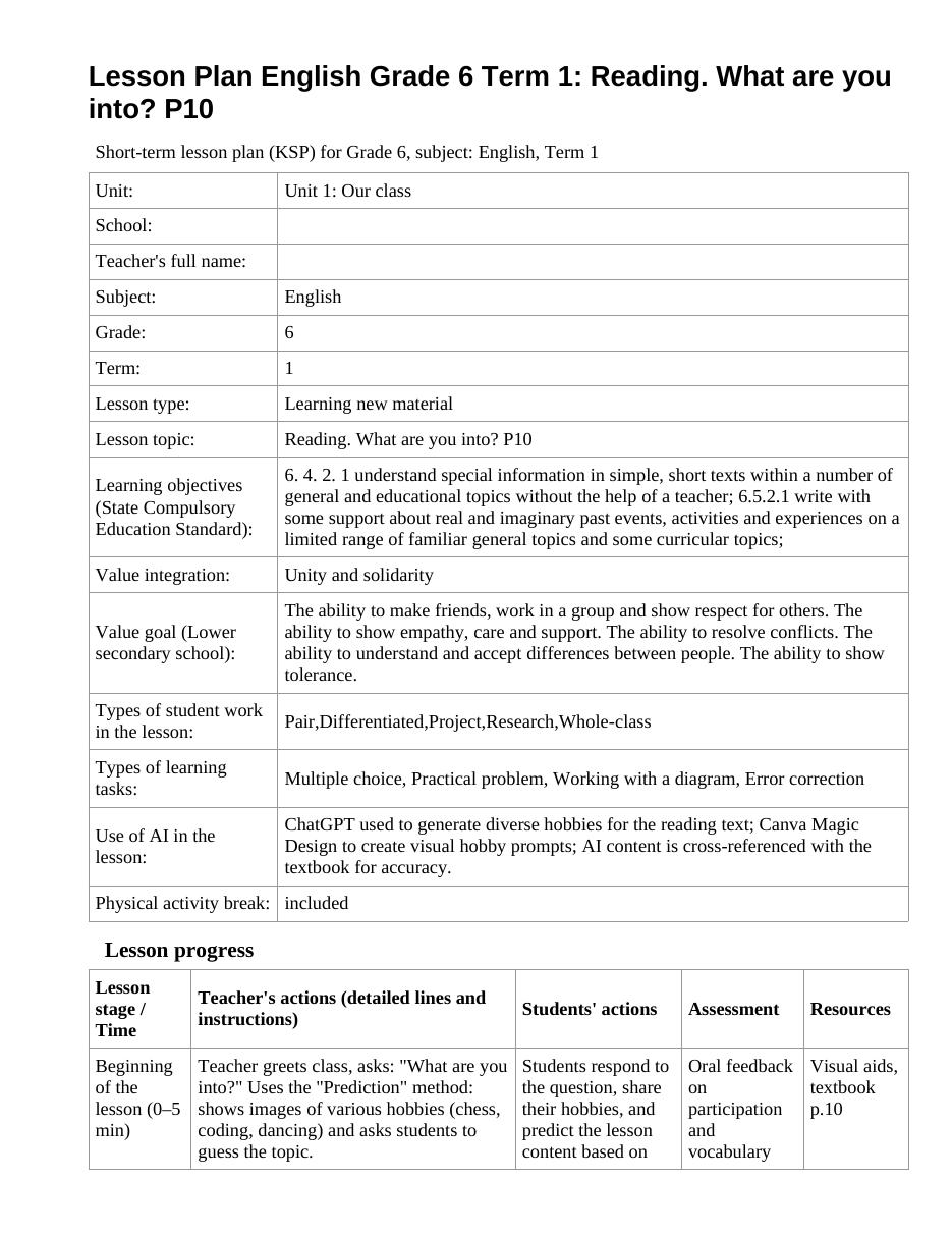 Lesson Plan English Grade 6 Term 1: Reading. What are you into? P10