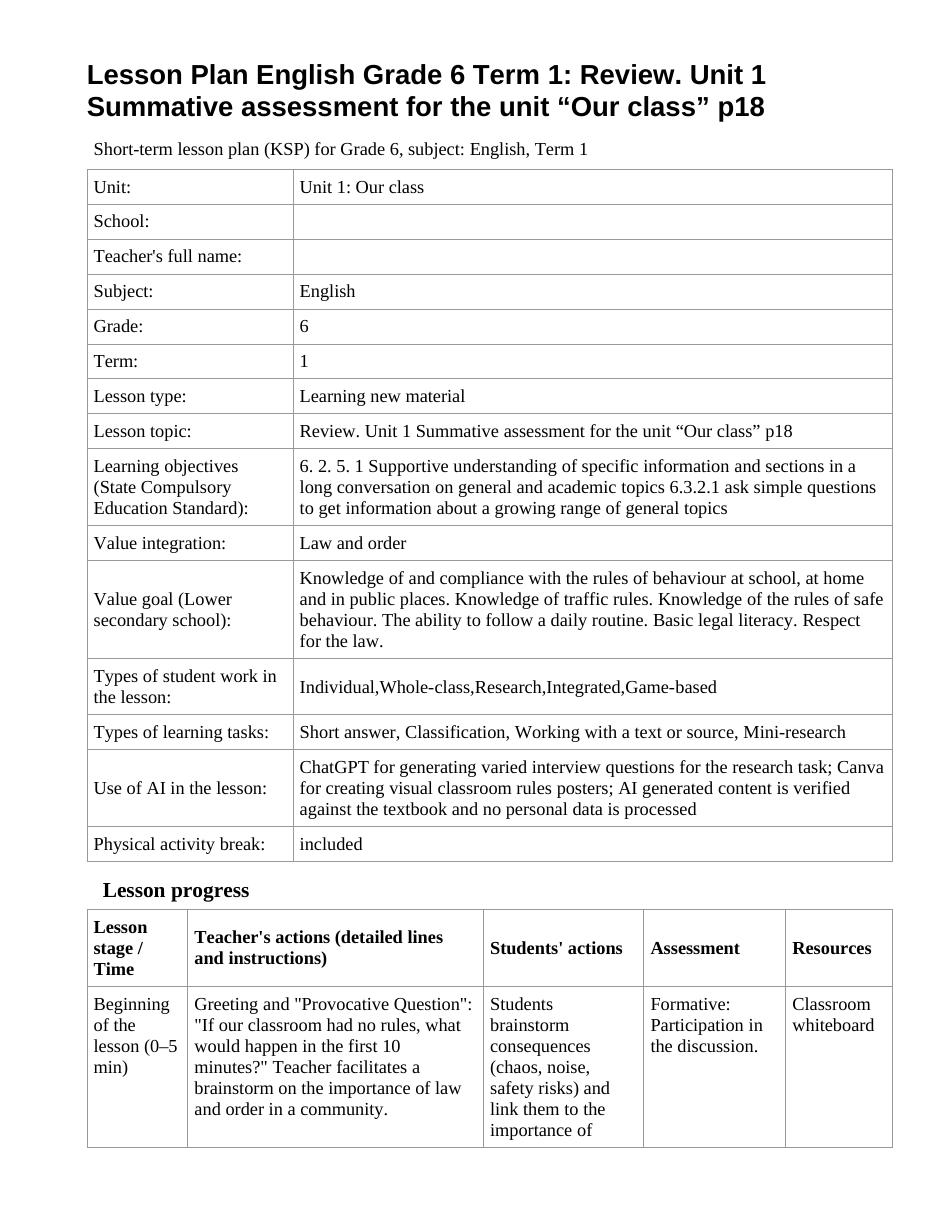 Lesson Plan English Grade 6 Term 1: Review. Unit 1 Summative assessment for the unit “Our class” p18
