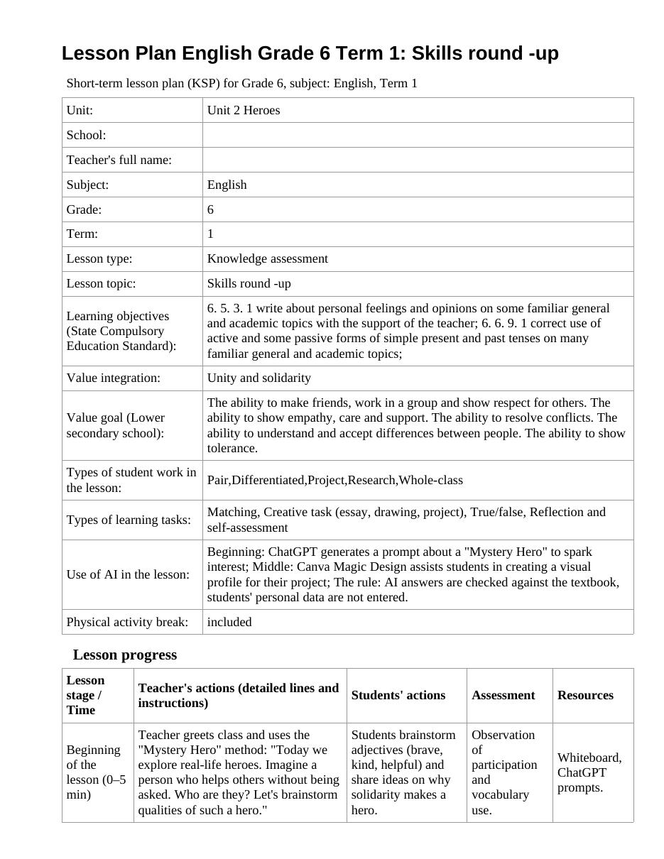 Lesson Plan English Grade 6 Term 1: Skills round -up