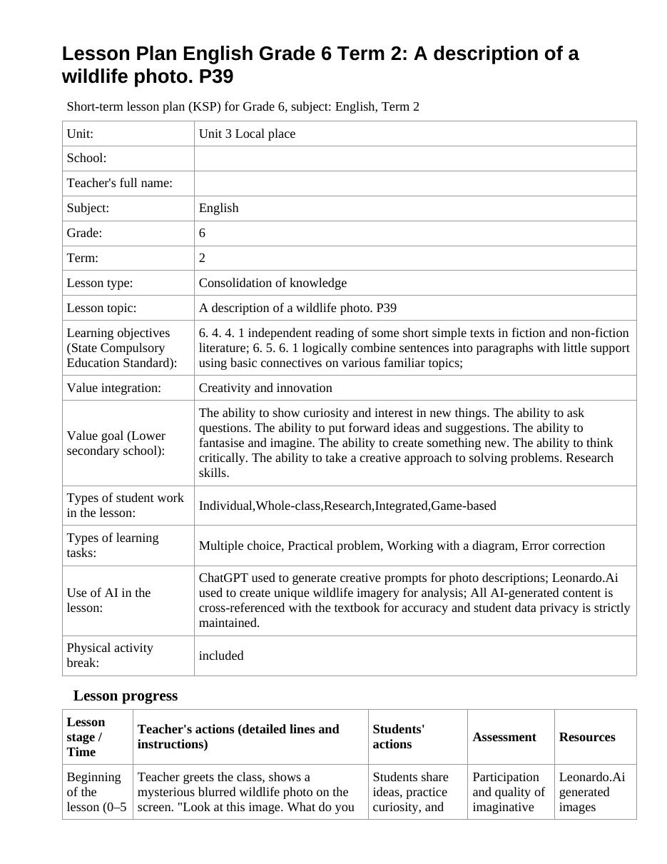 Lesson Plan English Grade 6 Term 2: A description of a wildlife photo. P39