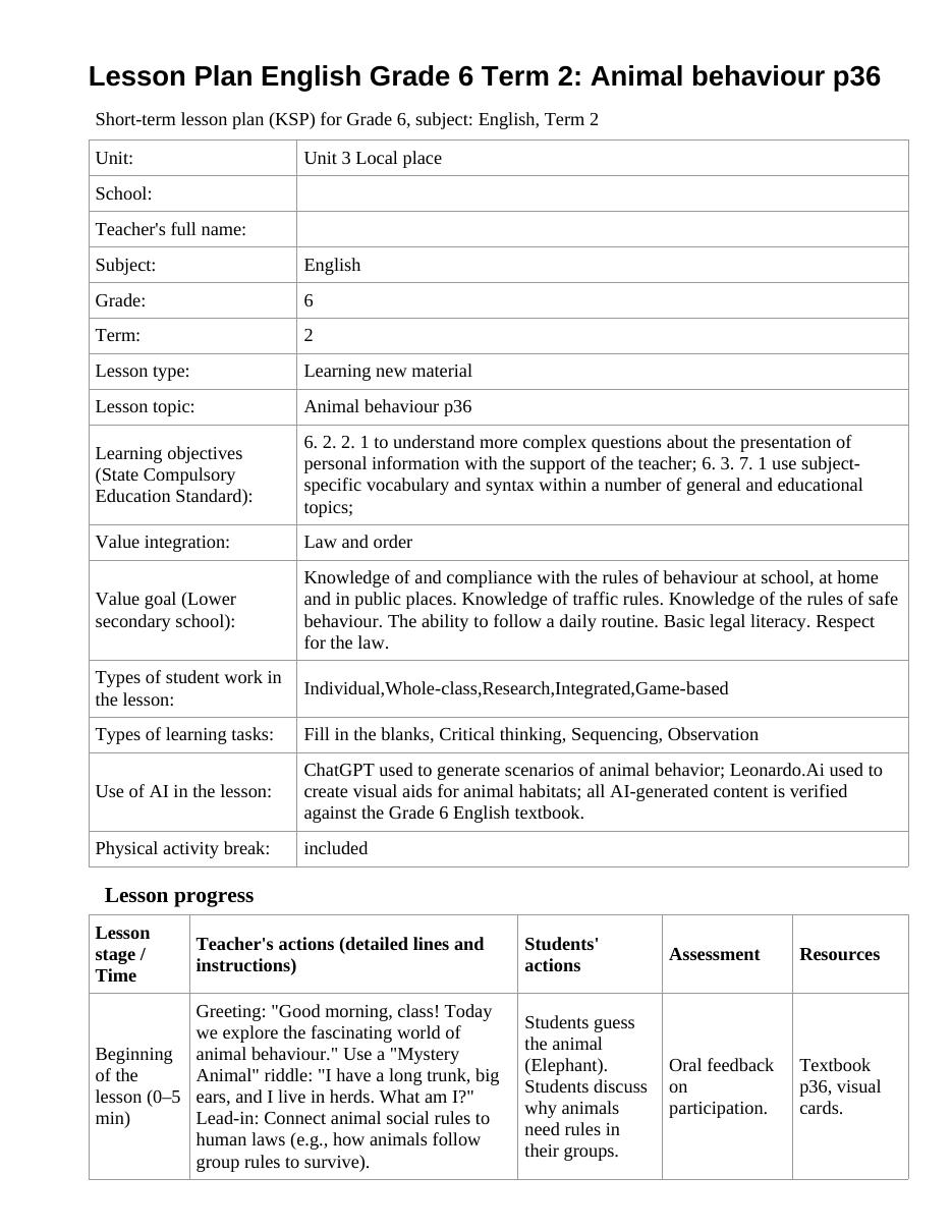 Lesson Plan English Grade 6 Term 2: Animal behaviour p36