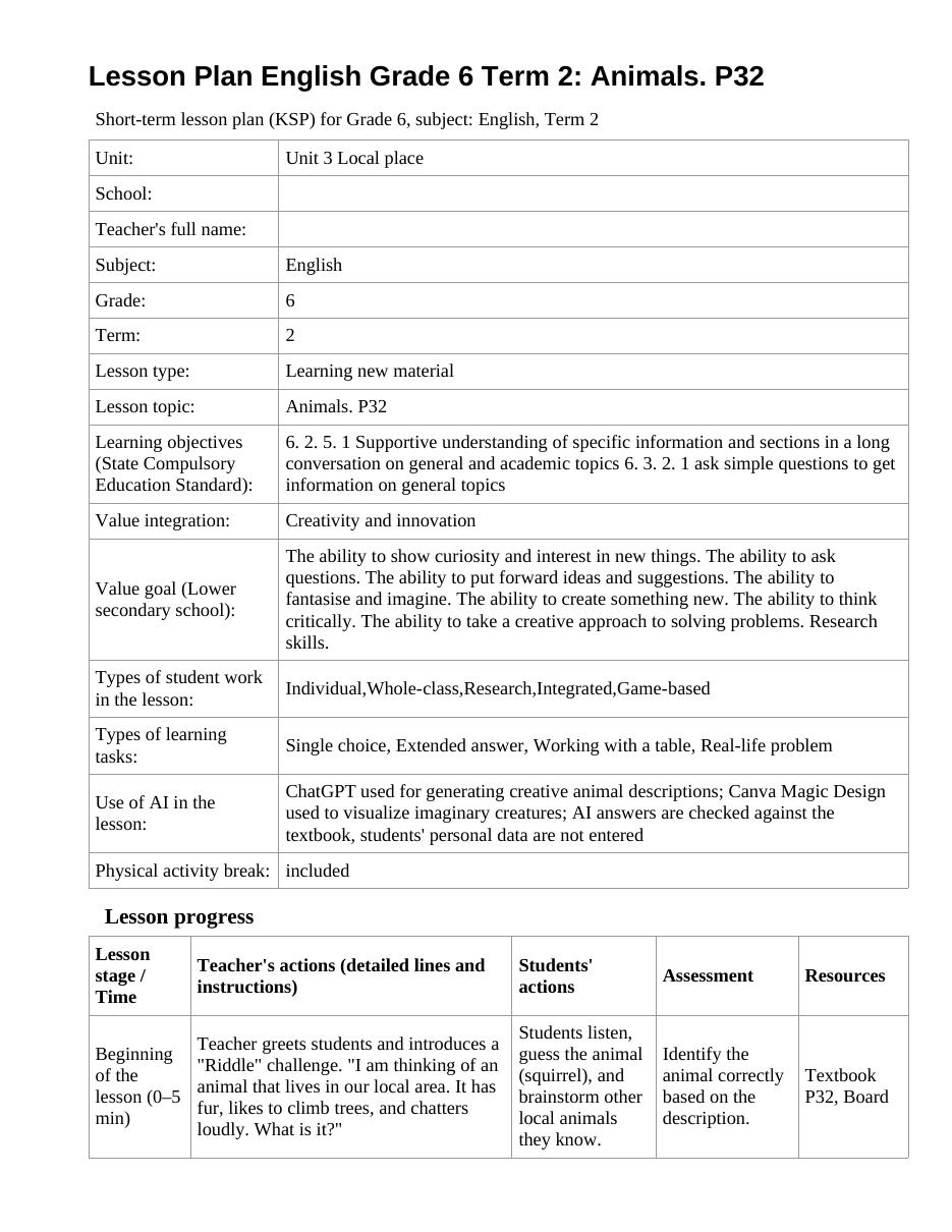 Lesson Plan English Grade 6 Term 2: Animals. P32