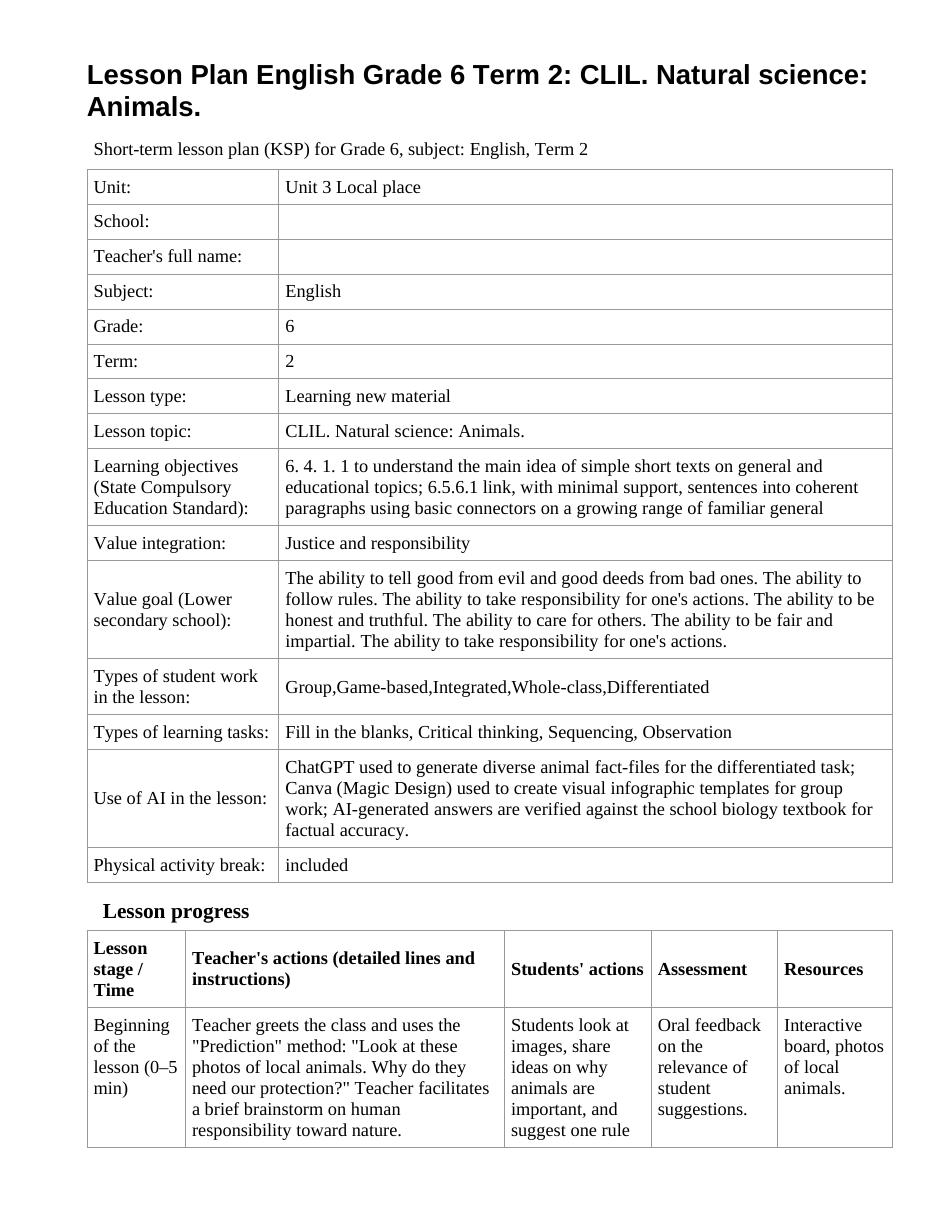 Lesson Plan English Grade 6 Term 2: CLIL. Natural science: Animals.