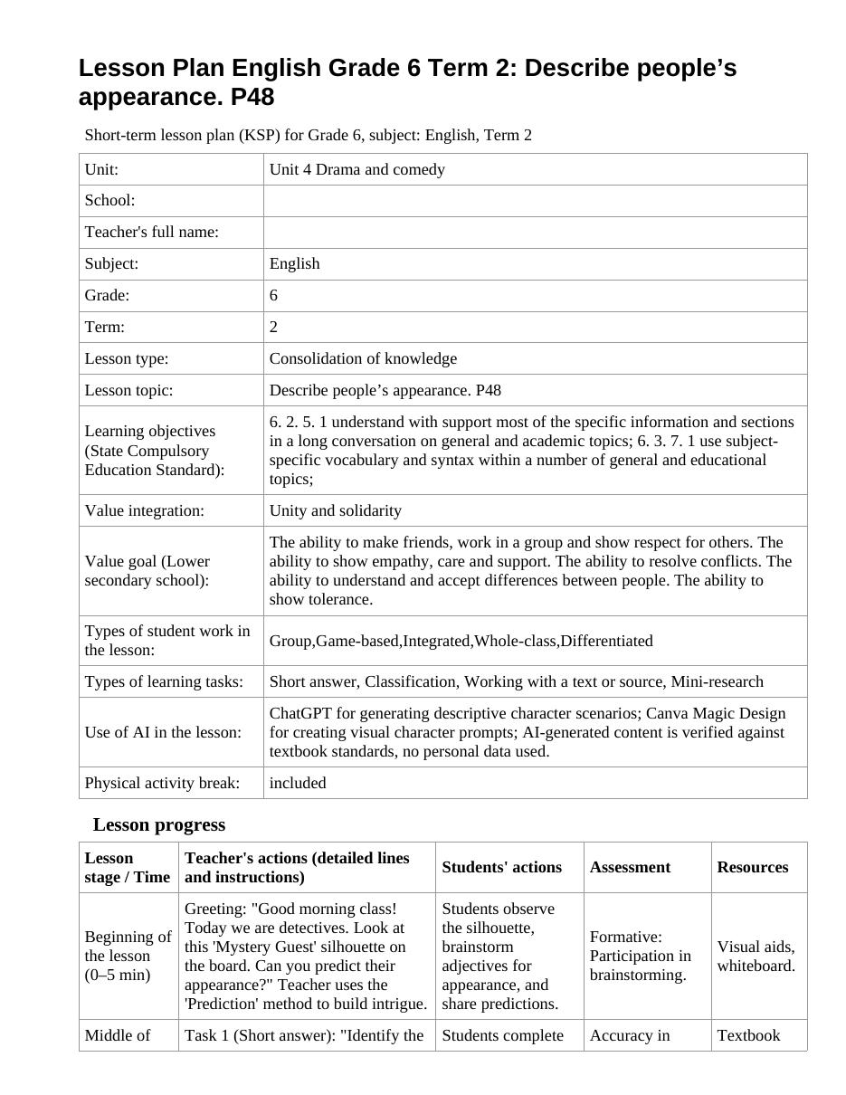 Lesson Plan English Grade 6 Term 2: Describe people’s appearance. P48