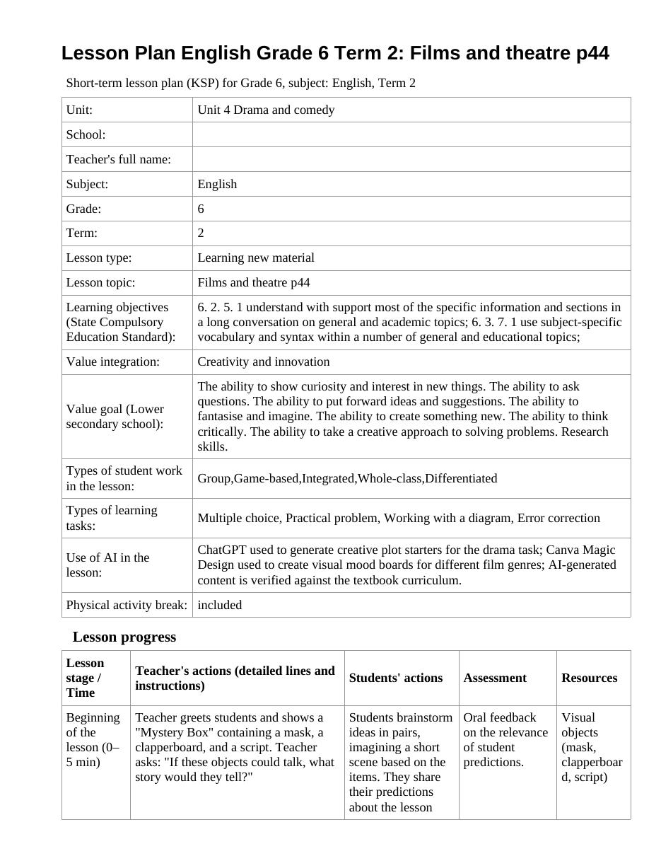 Lesson Plan English Grade 6 Term 2: Films and theatre p44