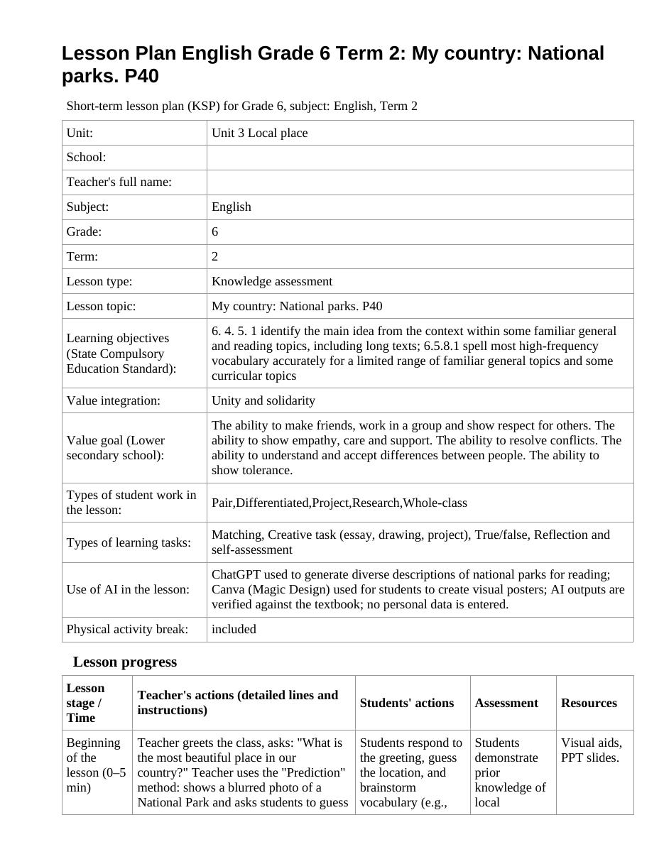 Lesson Plan English Grade 6 Term 2: My country: National parks. P40