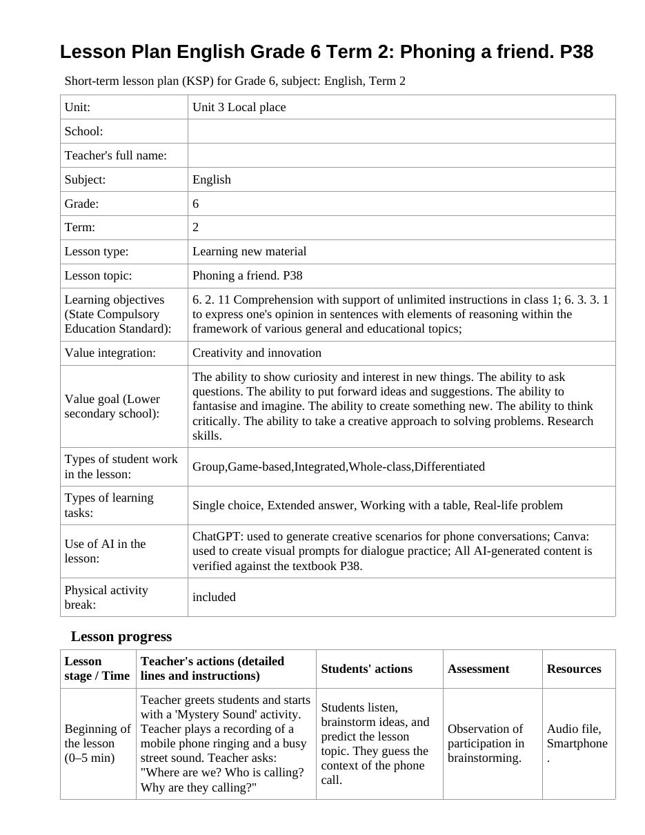 Lesson Plan English Grade 6 Term 2: Phoning a friend. P38