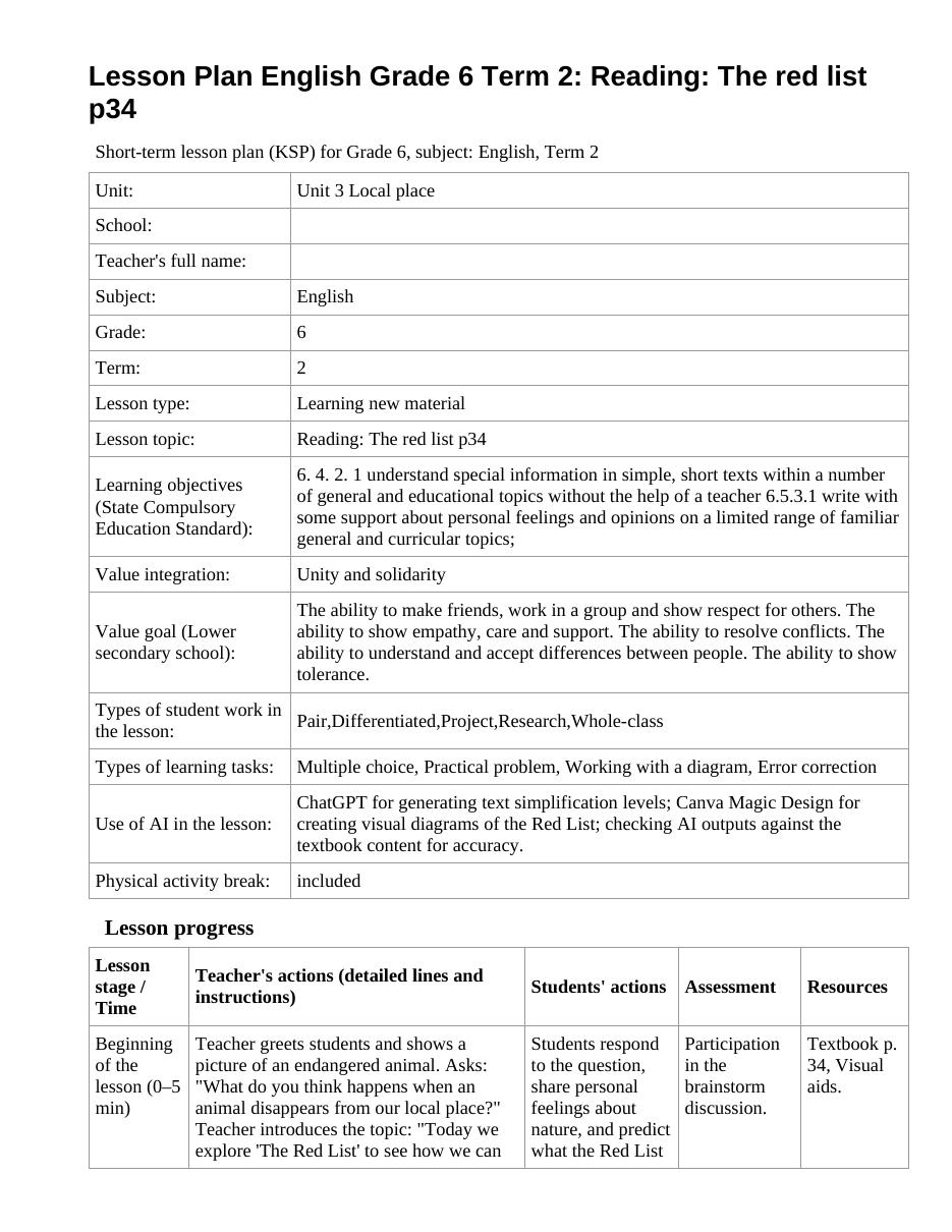 Lesson Plan English Grade 6 Term 2: Reading: The red list p34