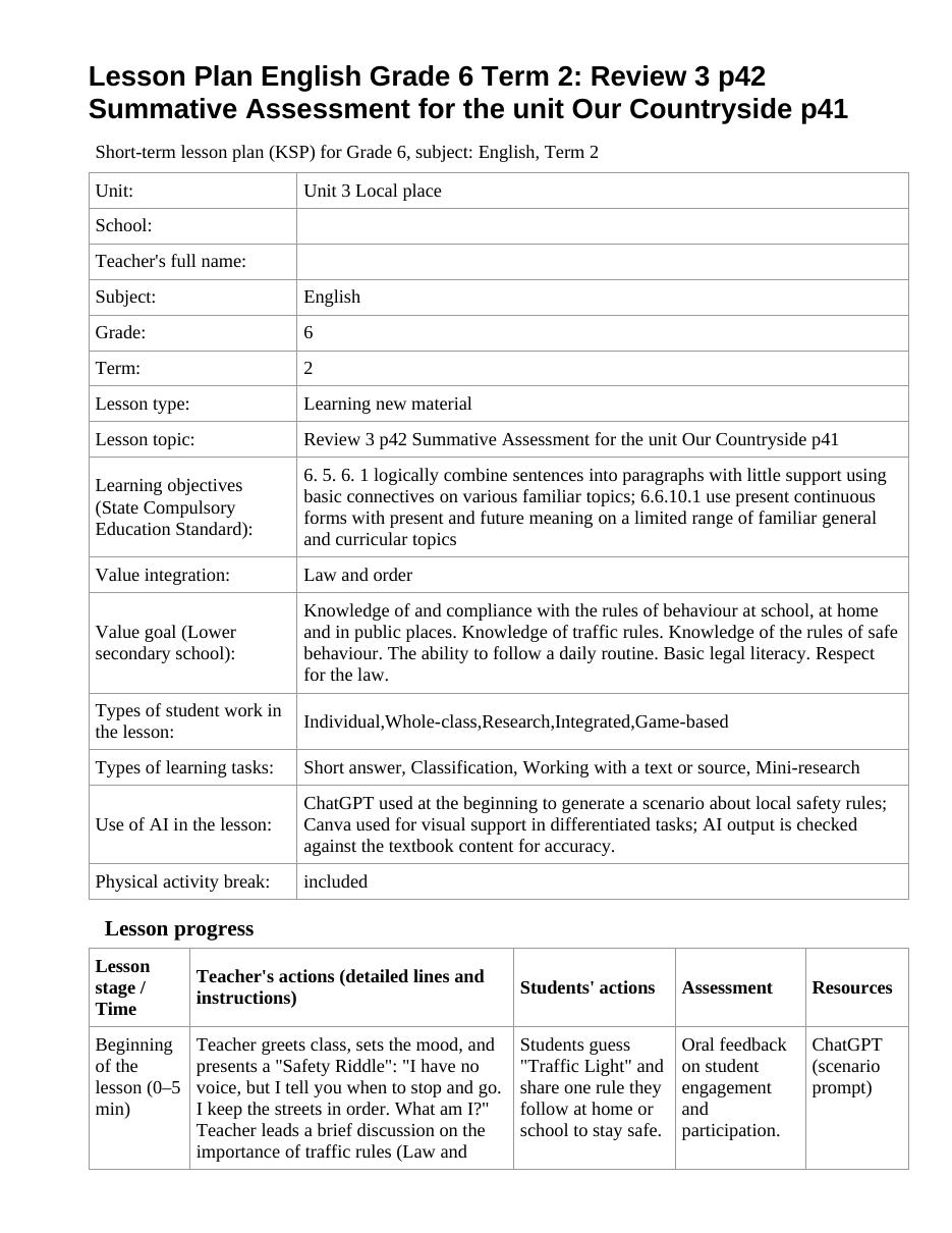 Lesson Plan English Grade 6 Term 2: Review 3 p42 Summative Assessment for the unit Our Countryside p41