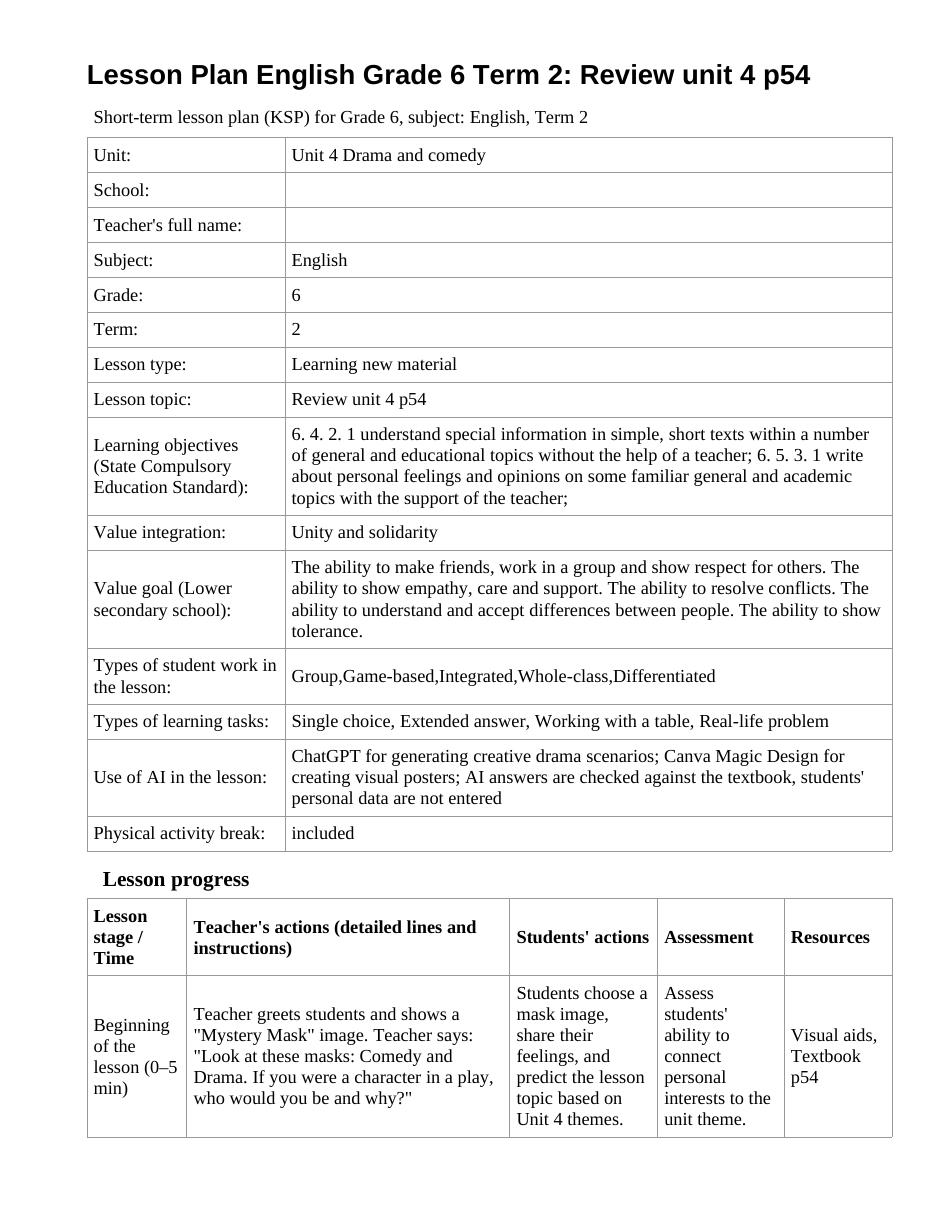 Lesson Plan English Grade 6 Term 2: Review unit 4 p54 (lesson 1)
