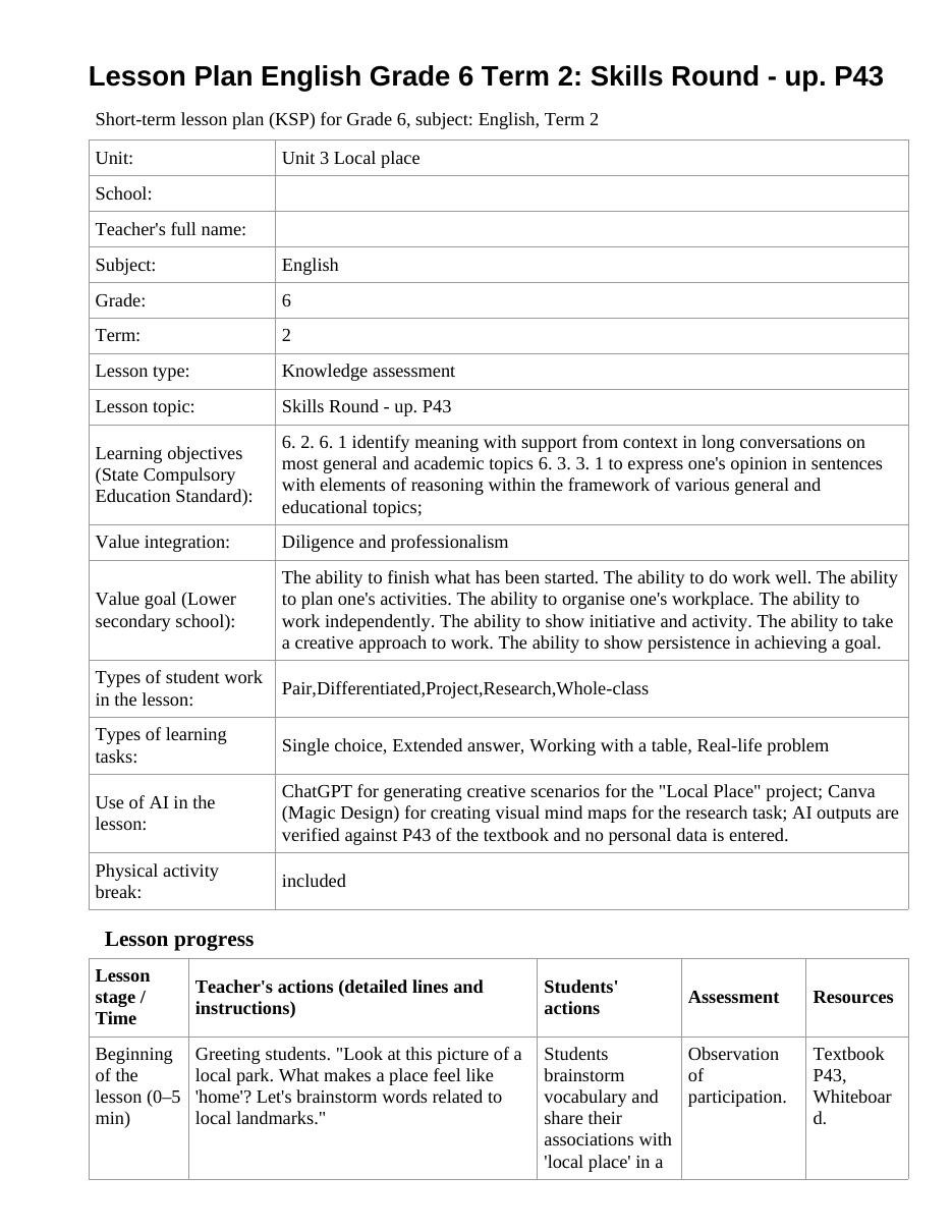 Lesson Plan English Grade 6 Term 2: Skills Round - up. P43