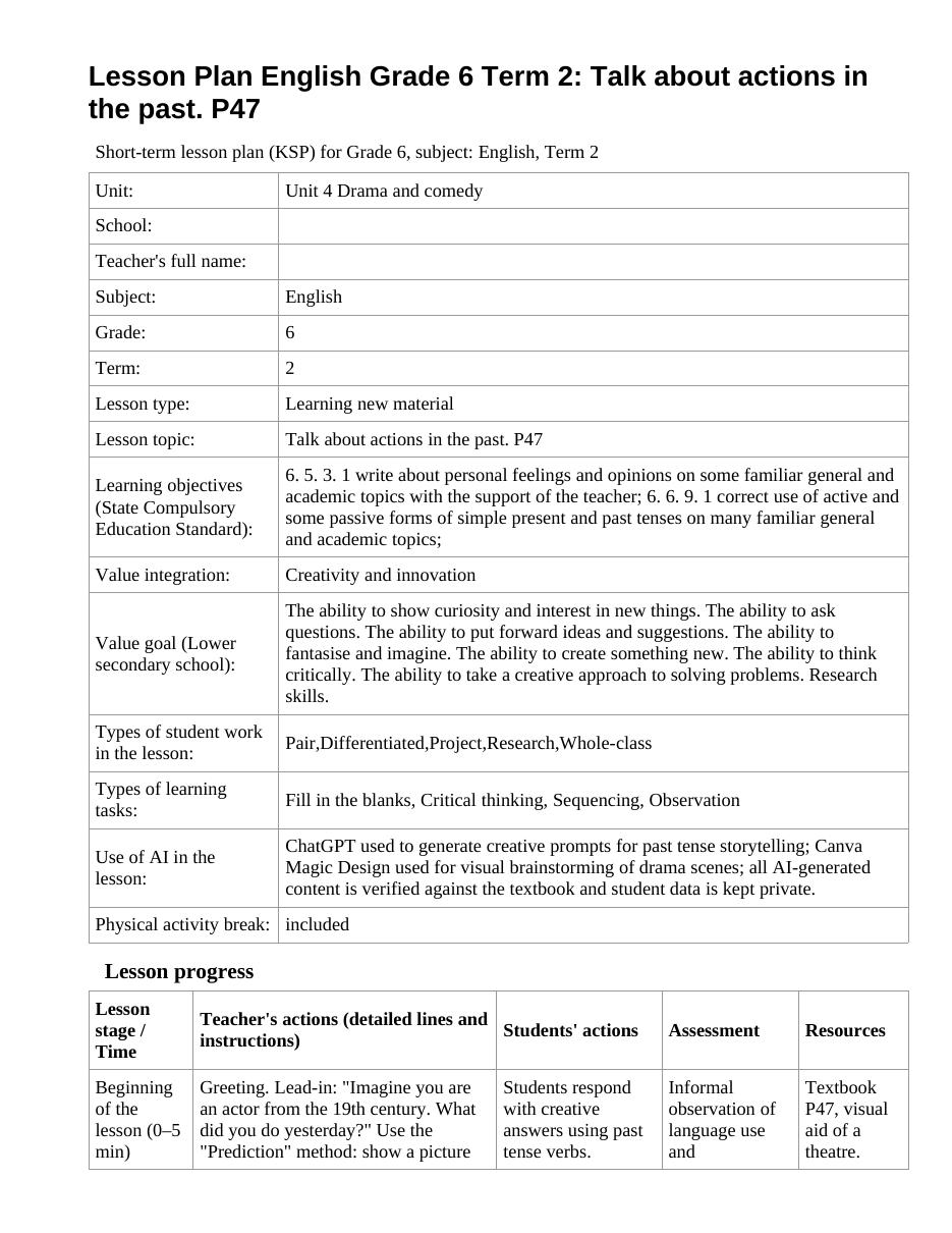 Lesson Plan English Grade 6 Term 2: Talk about actions in the past. P47