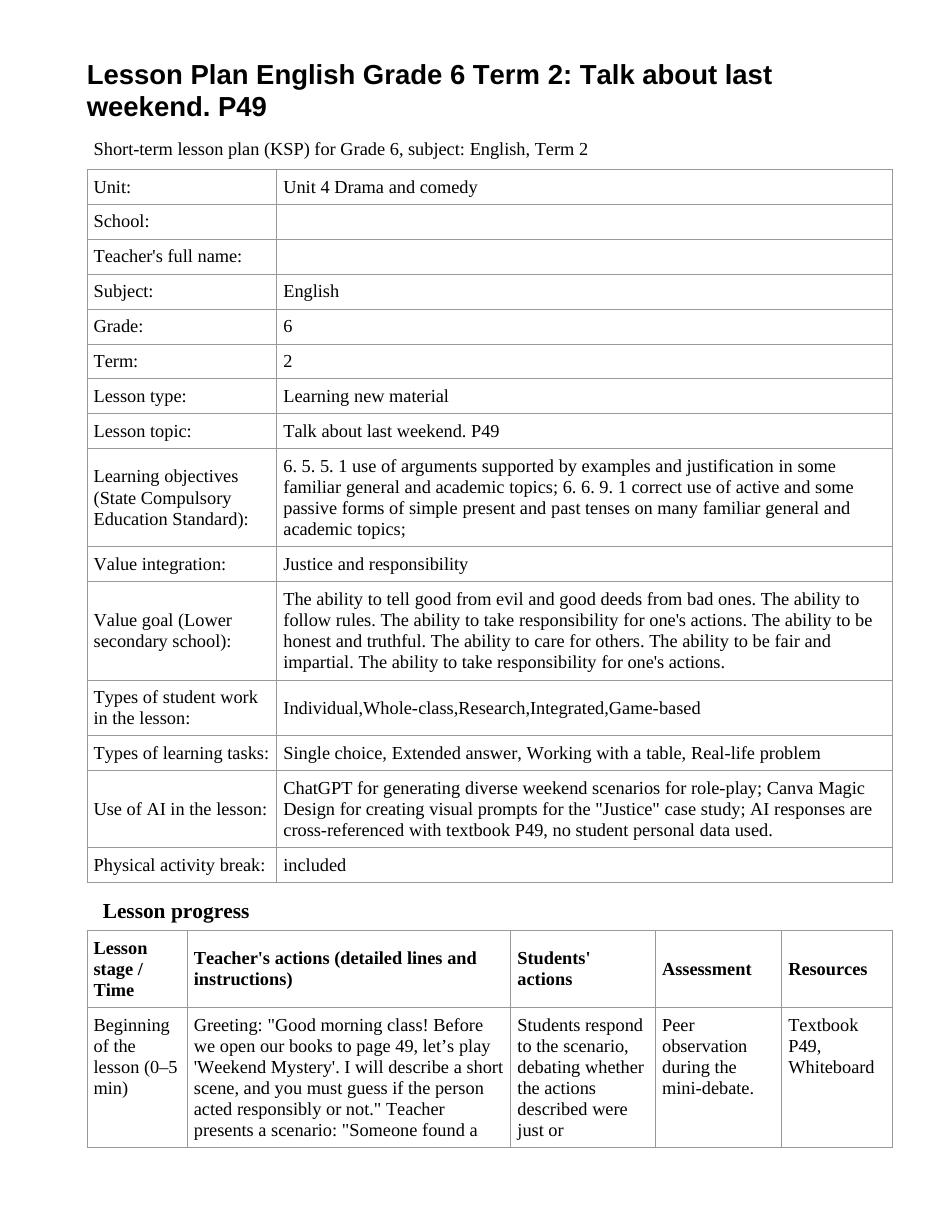 Lesson Plan English Grade 6 Term 2: Talk about last weekend. P49