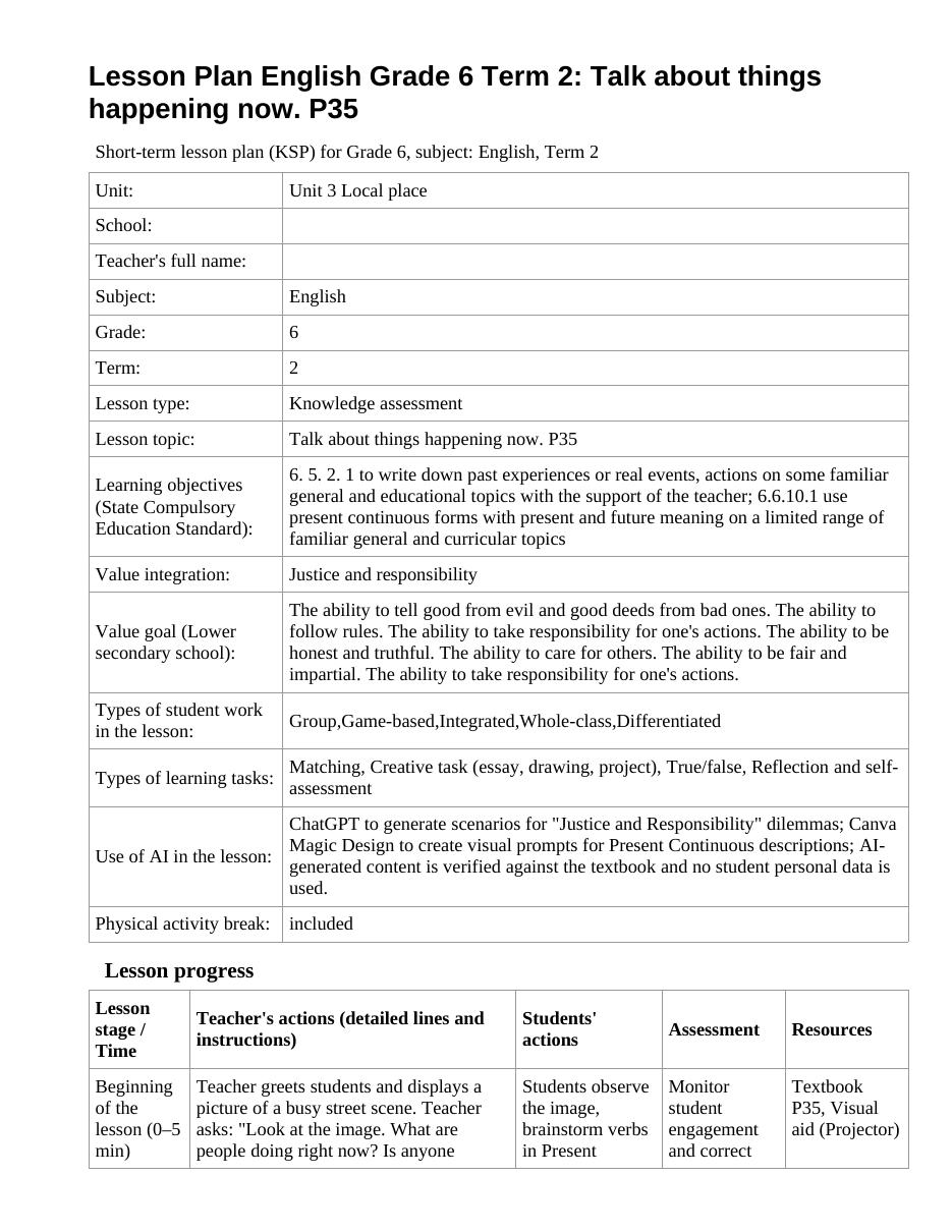 Lesson Plan English Grade 6 Term 2: Talk about things happening now. P35