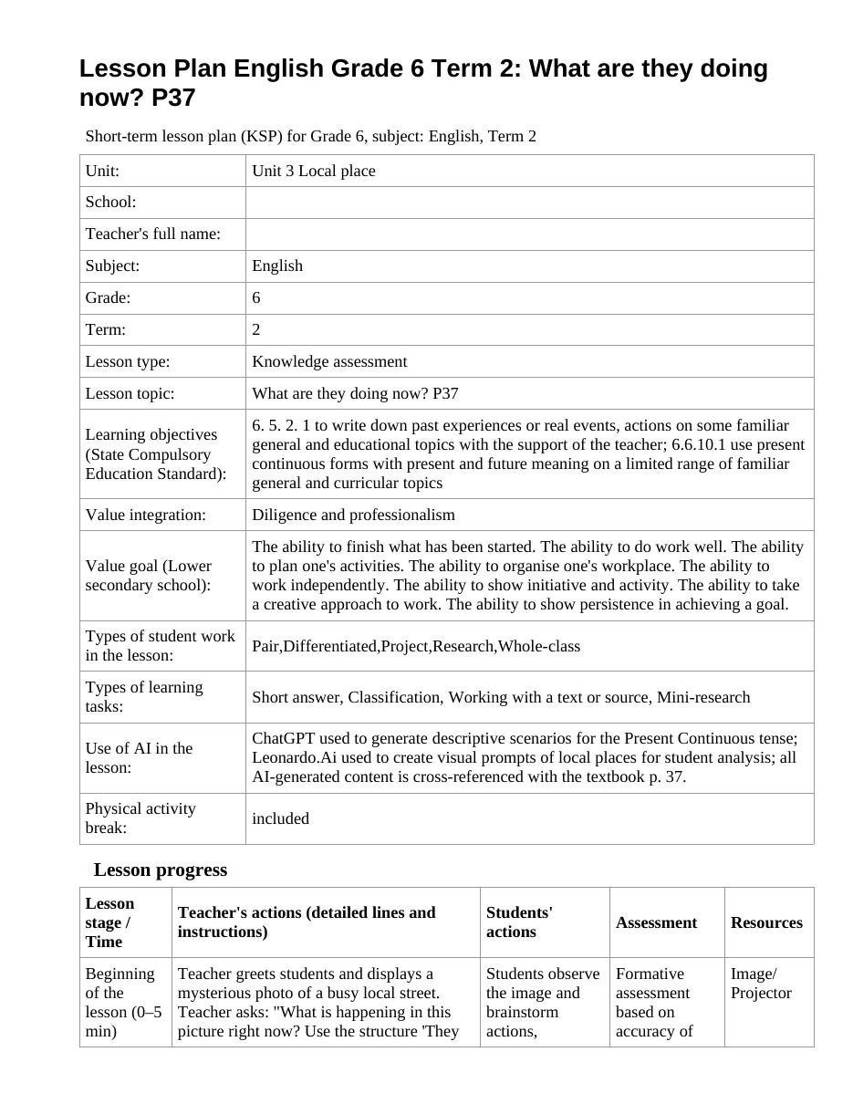 Lesson Plan English Grade 6 Term 2: What are they doing now? P37
