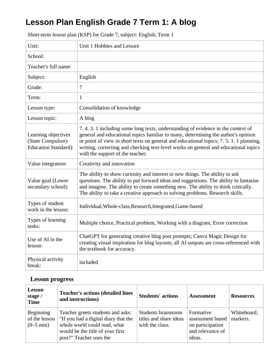 Lesson Plan English Grade 7 Term 1: A blog