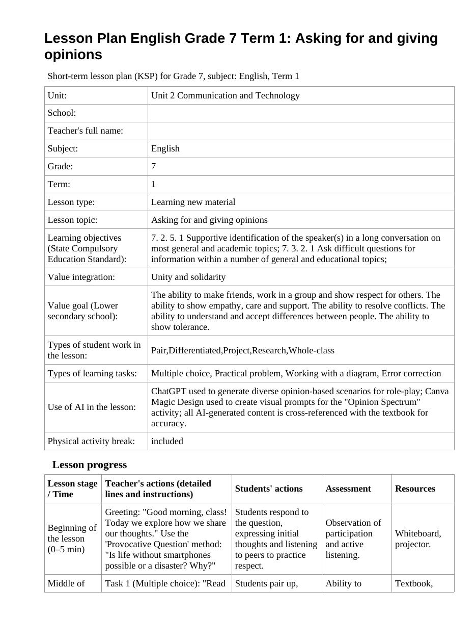 Lesson Plan English Grade 7 Term 1: Asking for and giving opinions