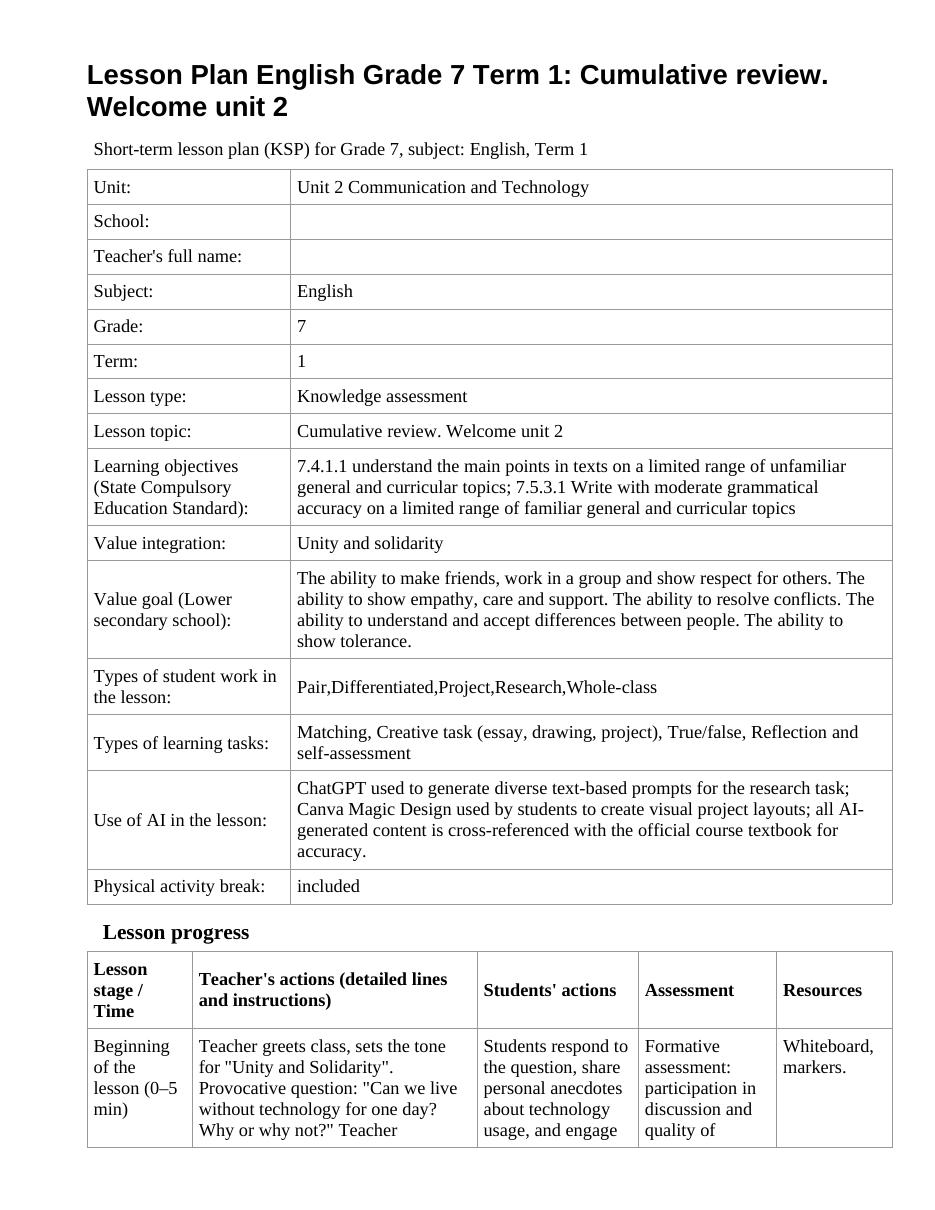 Lesson Plan English Grade 7 Term 1: Cumulative review. Welcome unit 2