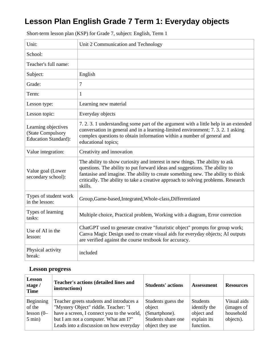 Lesson Plan English Grade 7 Term 1: Everyday objects