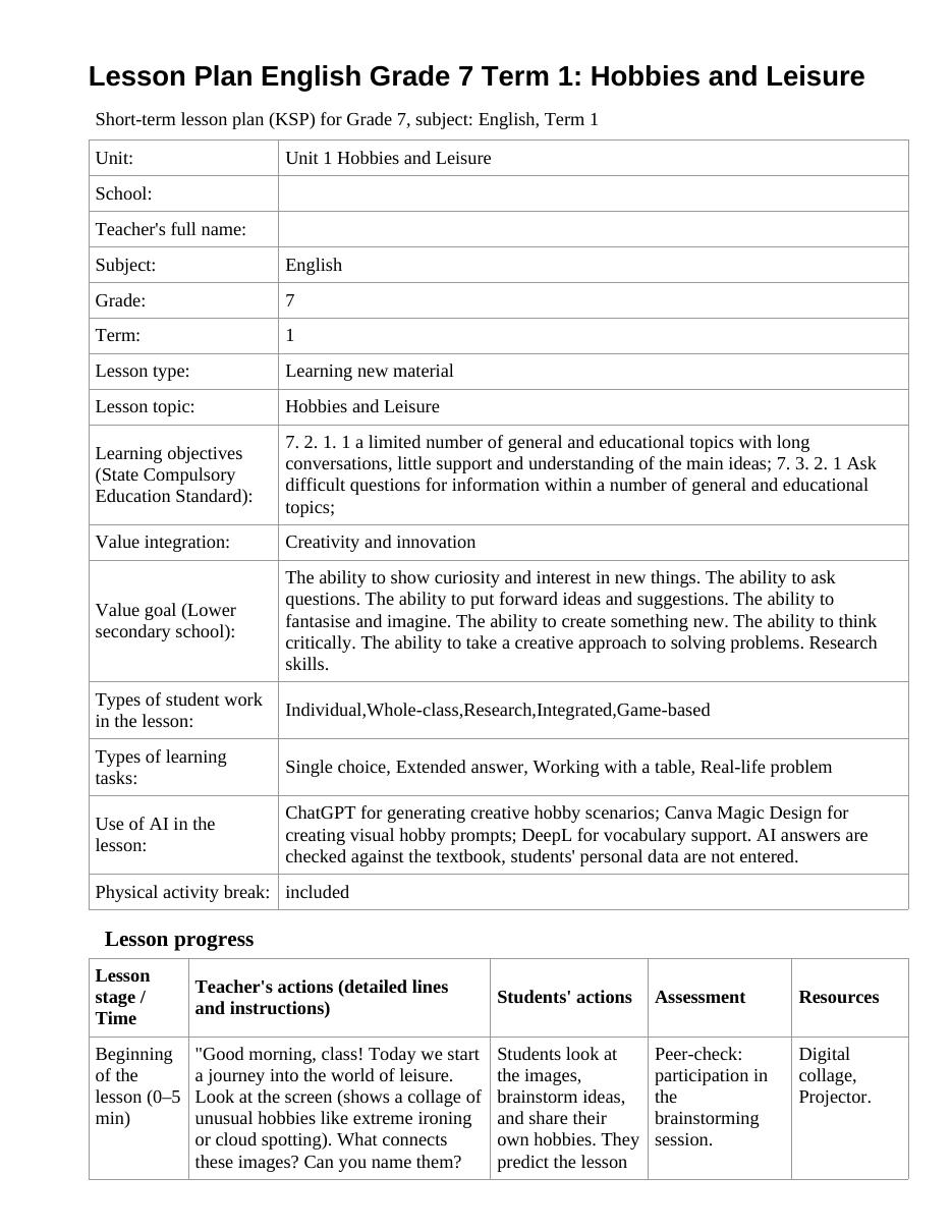 Lesson Plan English Grade 7 Term 1: Hobbies and Leisure