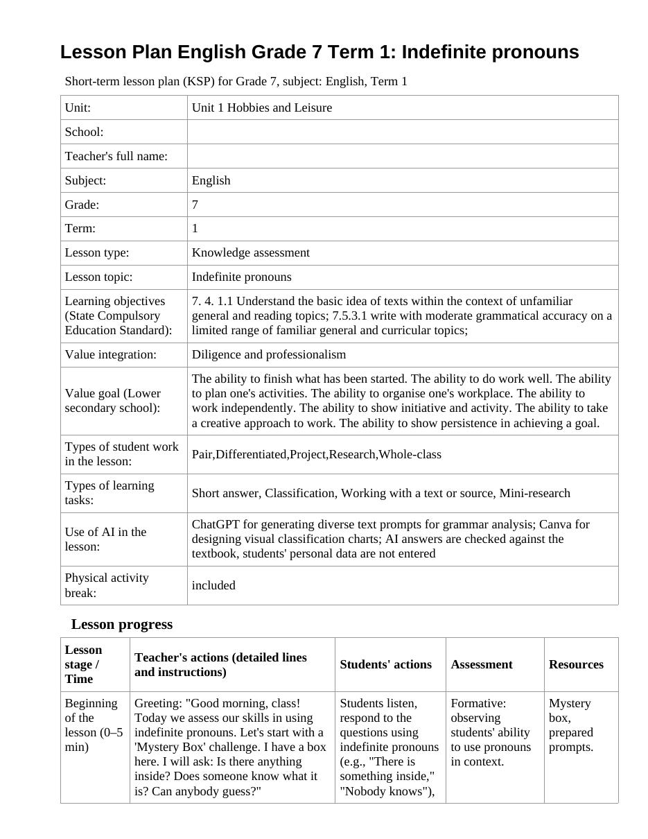Lesson Plan English Grade 7 Term 1: Indefinite pronouns