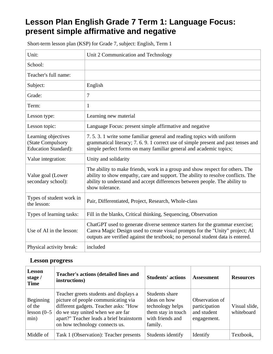 Lesson Plan English Grade 7 Term 1: Language Focus: present simple affirmative and negative