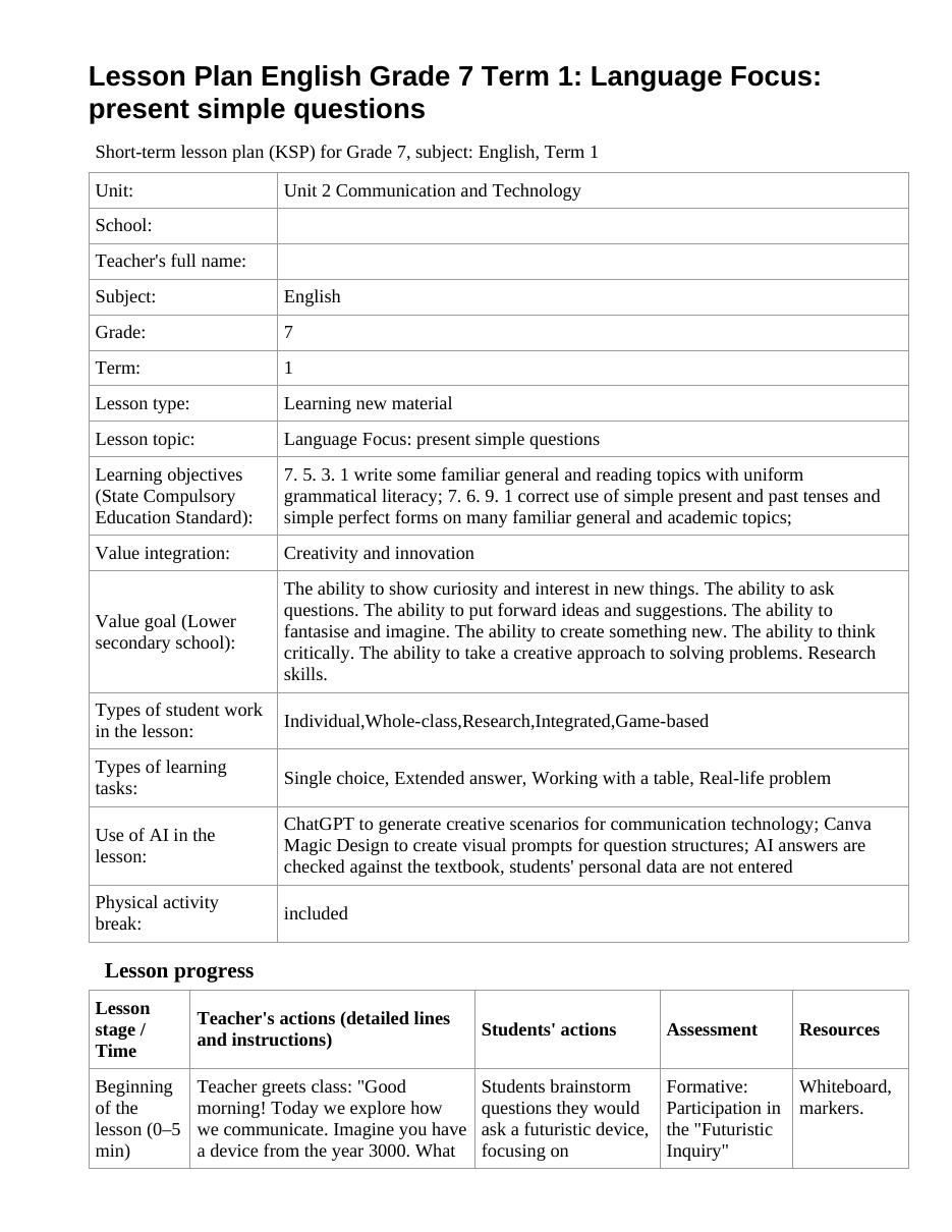 Lesson Plan English Grade 7 Term 1: Language Focus: present simple questions