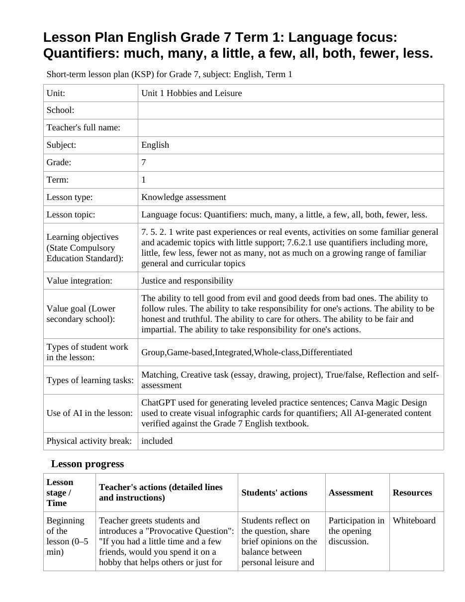 Lesson Plan English Grade 7 Term 1: Language focus: Quantifiers: much, many, a little, a few, all, both, fewer, less.