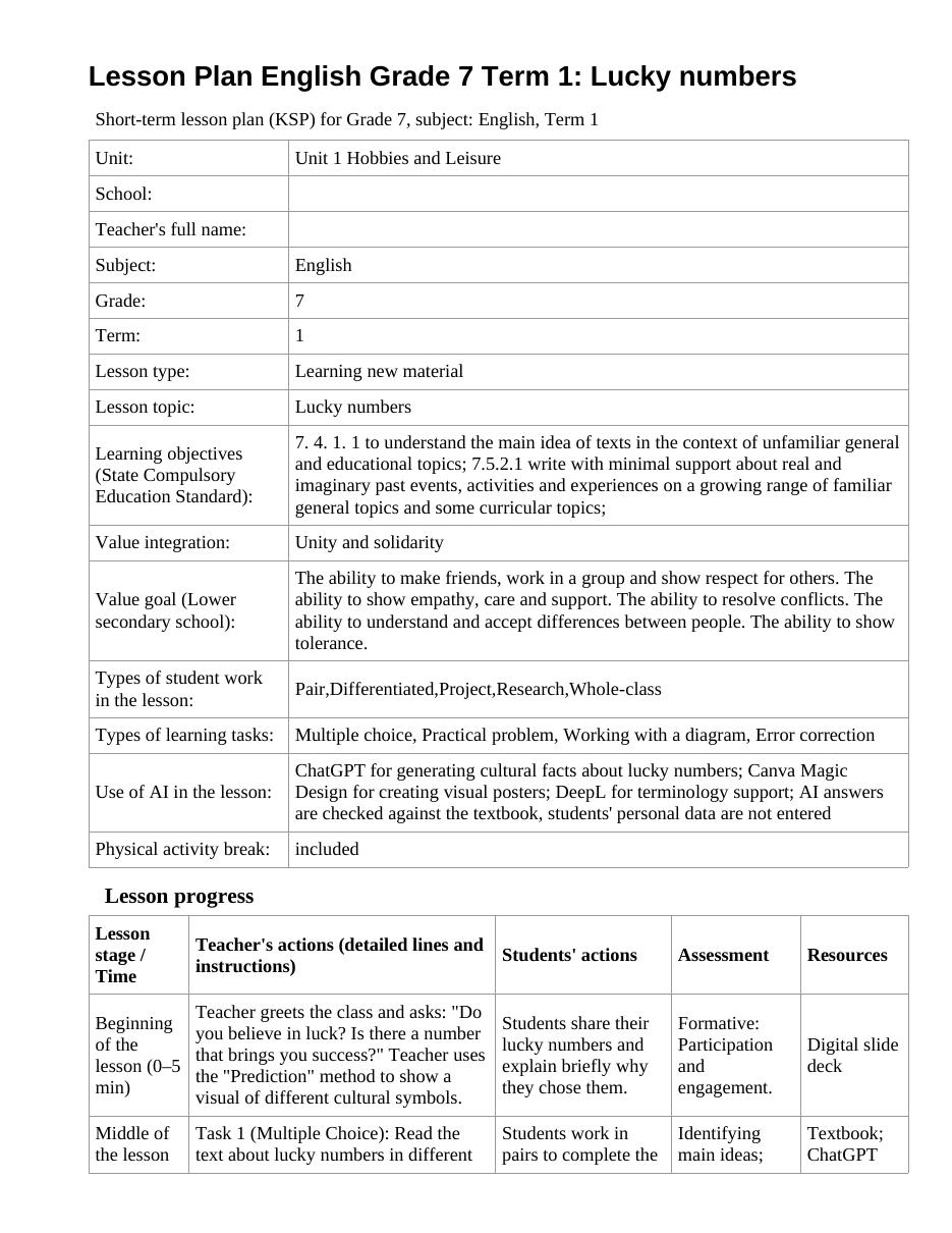 Lesson Plan English Grade 7 Term 1: Lucky numbers