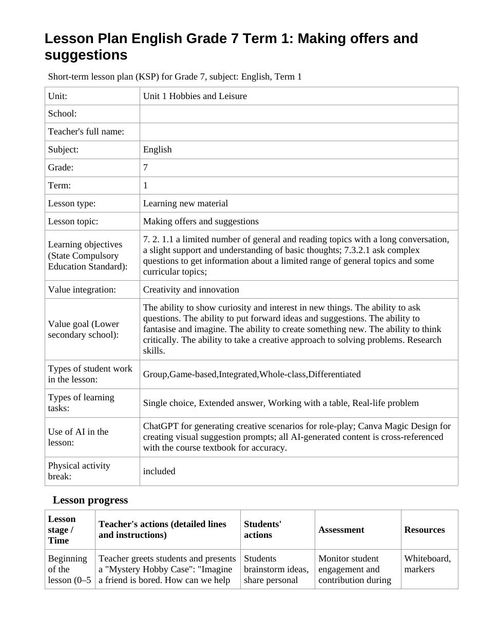 Lesson Plan English Grade 7 Term 1: Making offers and suggestions