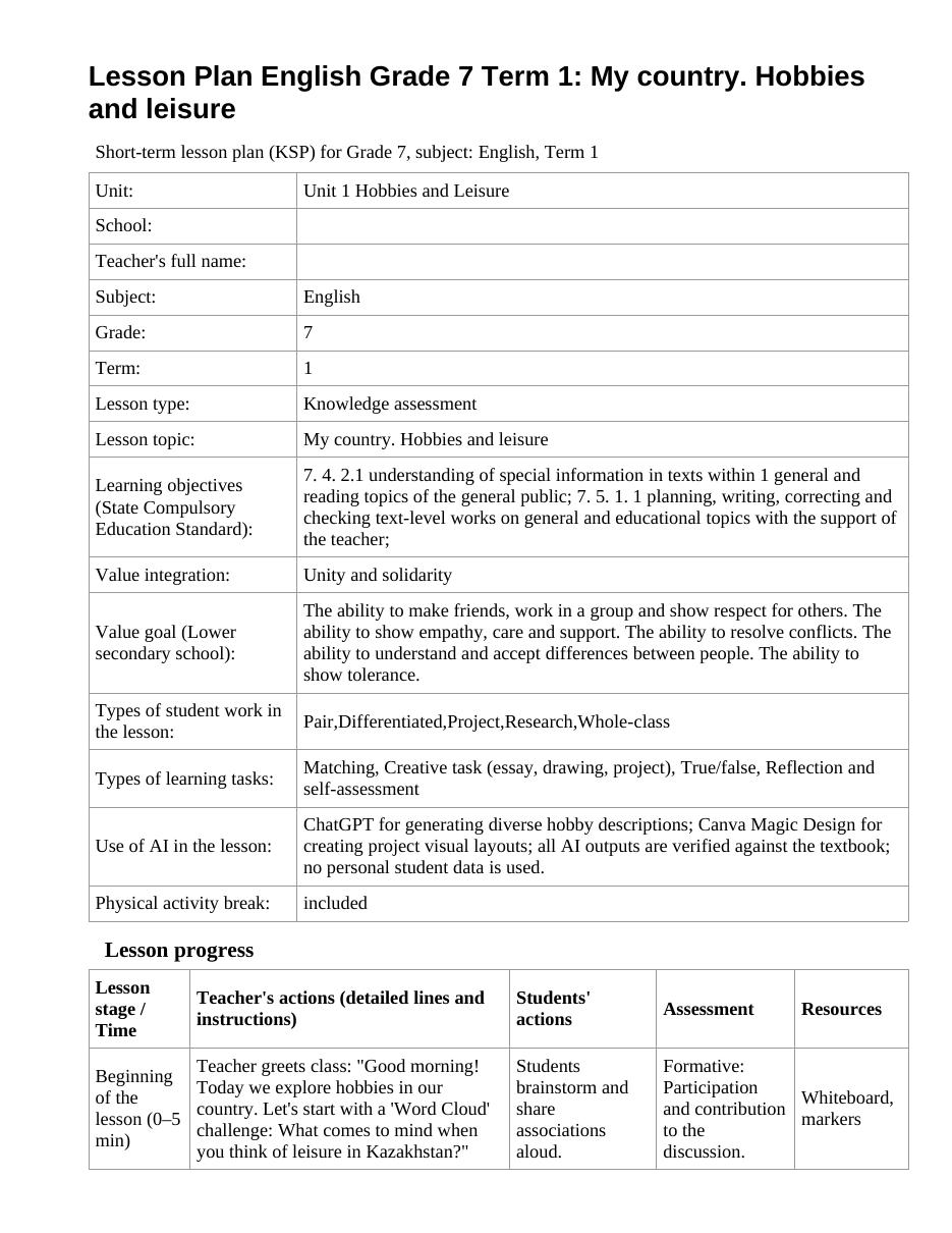 Lesson Plan English Grade 7 Term 1: My country. Hobbies and leisure