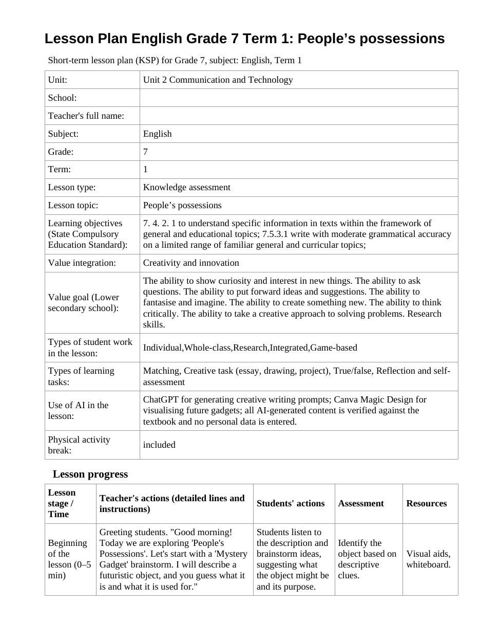 Lesson Plan English Grade 7 Term 1: People’s possessions