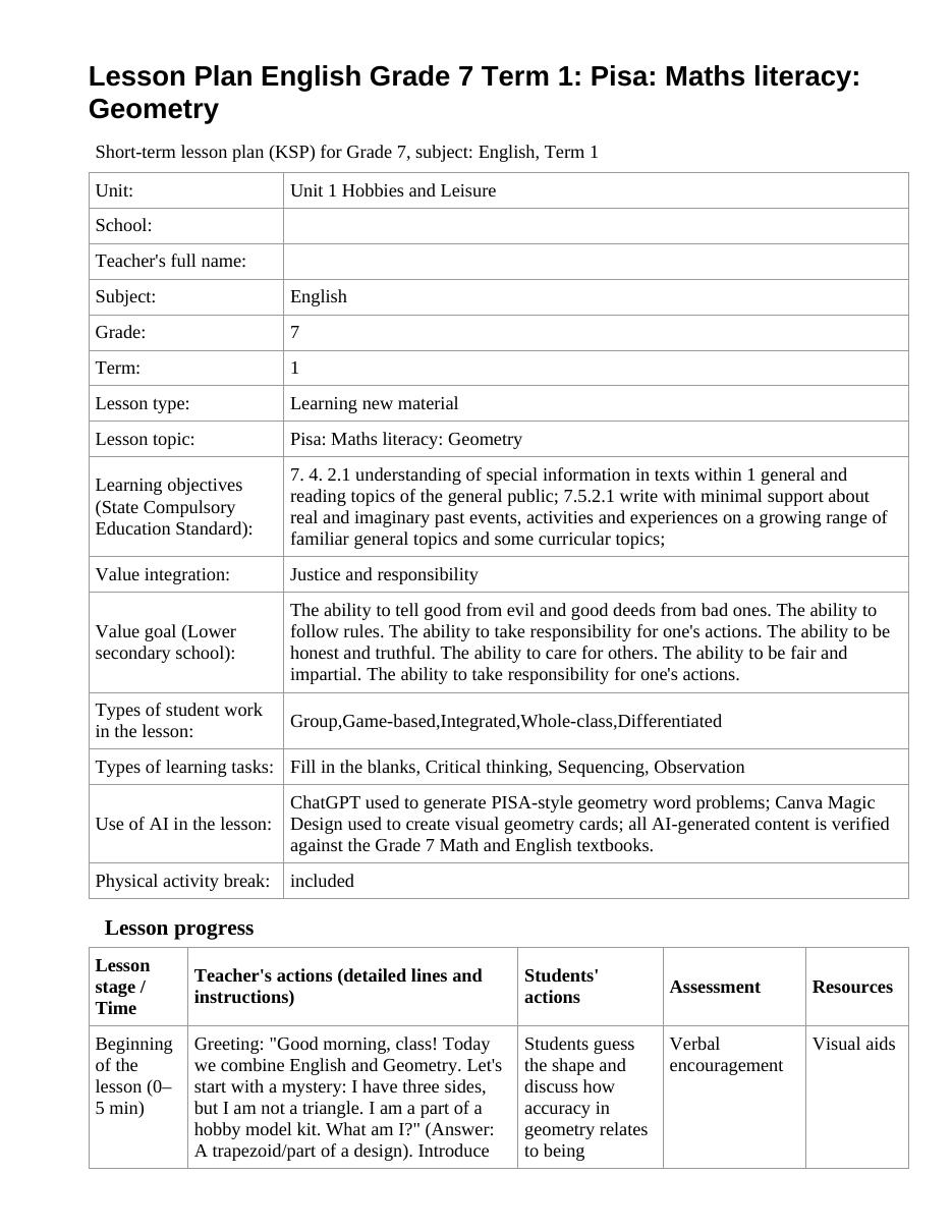 Lesson Plan English Grade 7 Term 1: Pisa: Maths literacy: Geometry