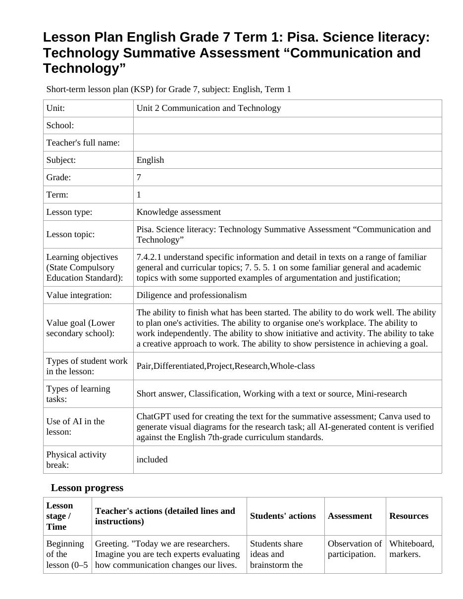Lesson Plan English Grade 7 Term 1: Pisa. Science literacy: Technology Summative Assessment “Communication and Technology”