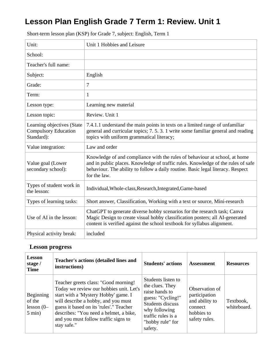 Lesson Plan English Grade 7 Term 1: Review. Unit 1