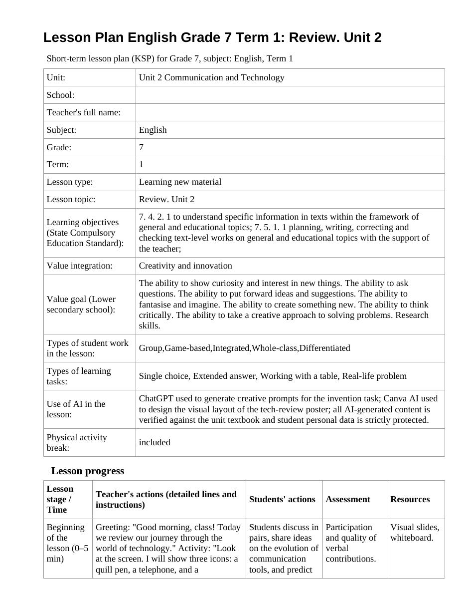 Lesson Plan English Grade 7 Term 1: Review. Unit 2 (lesson 1)