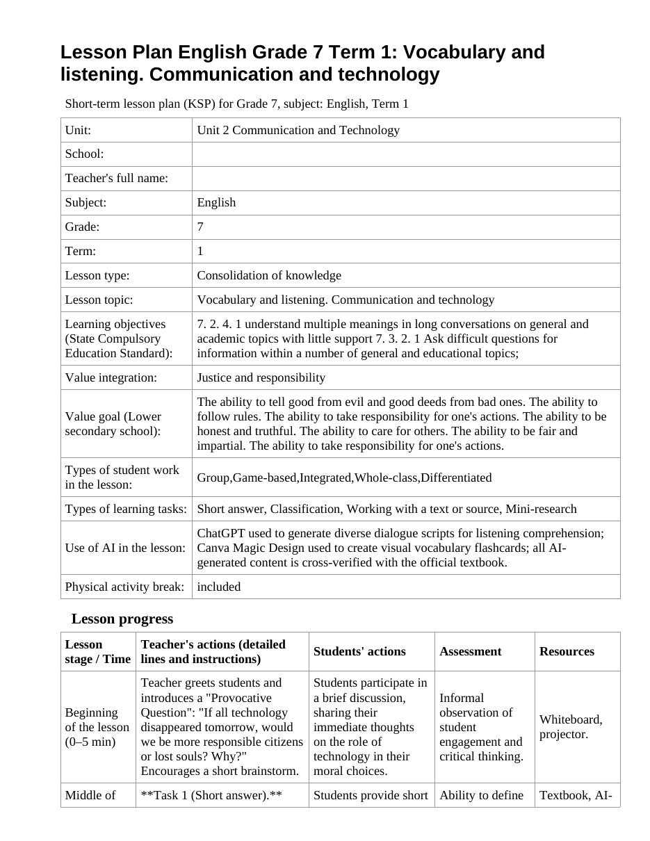 Lesson Plan English Grade 7 Term 1: Vocabulary and listening. Communication and technology