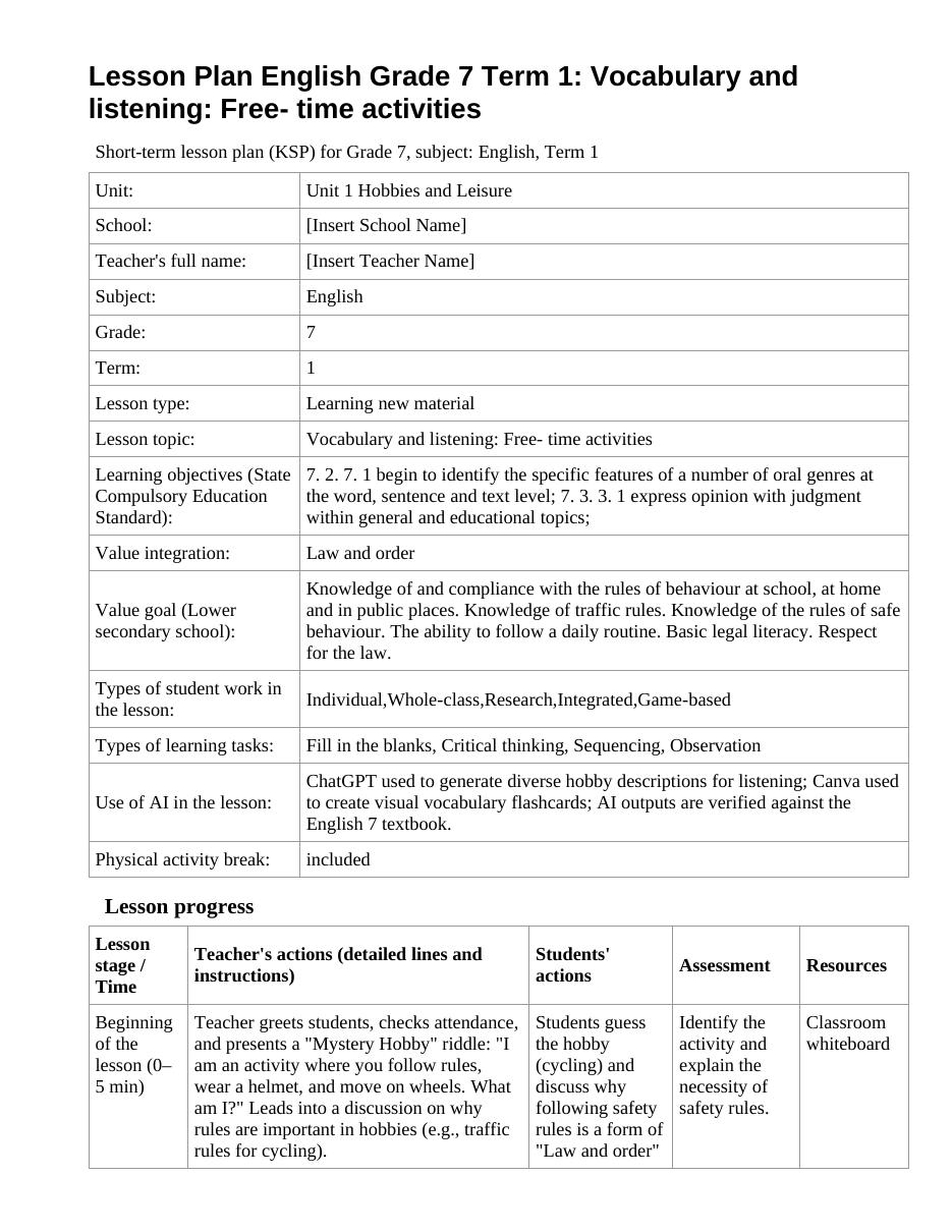 Lesson Plan English Grade 7 Term 1: Vocabulary and listening: Free- time activities