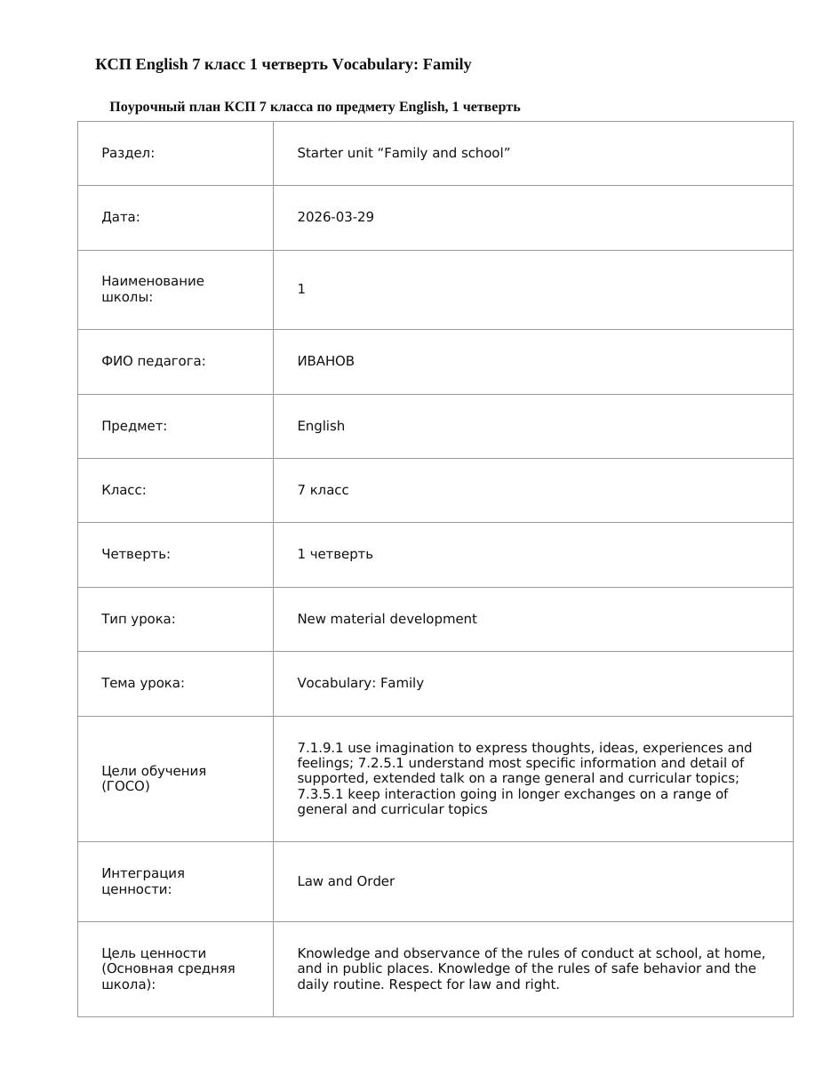 КСП English 7 класс 1 четверть Vocabulary: Family