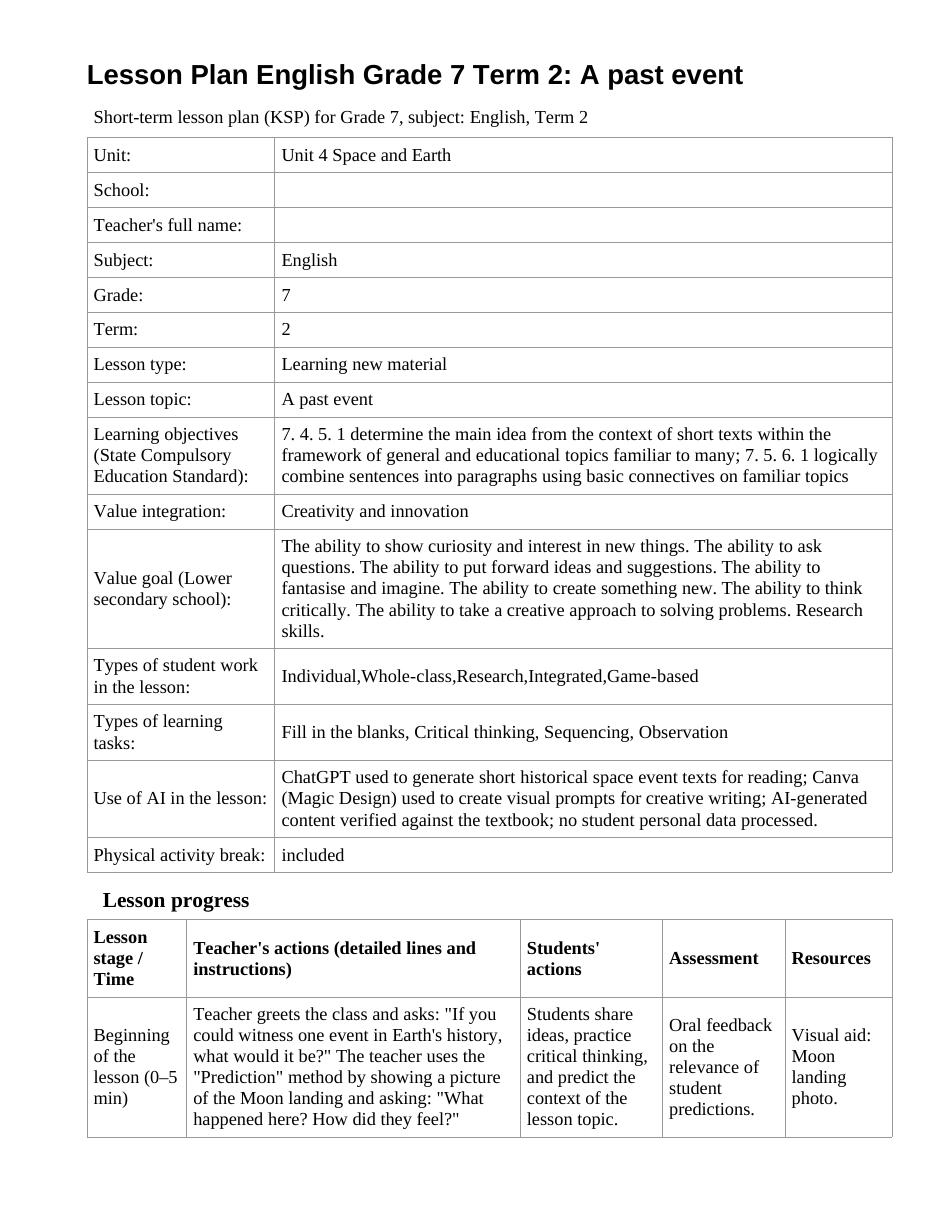 Lesson Plan English Grade 7 Term 2: A past event