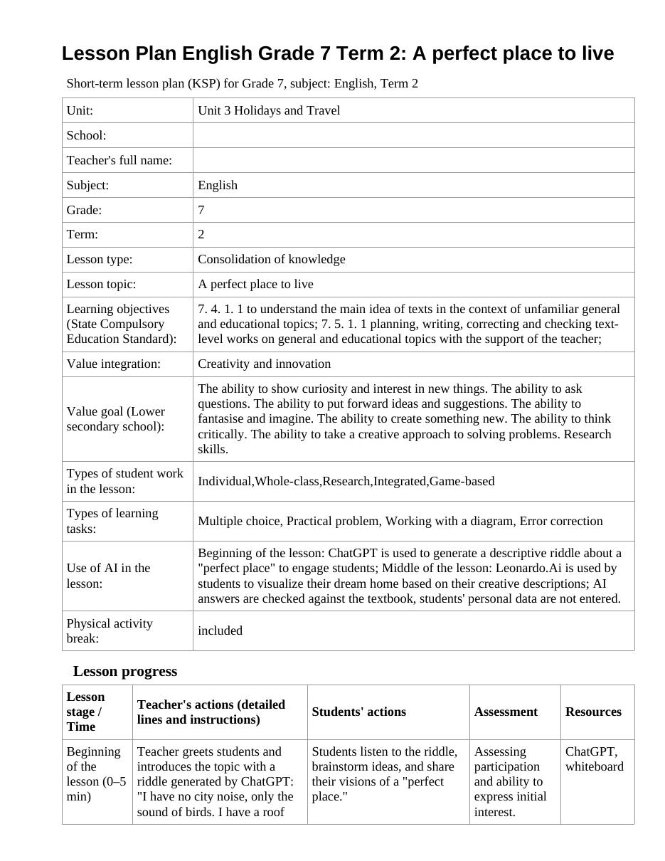 Lesson Plan English Grade 7 Term 2: A perfect place to live