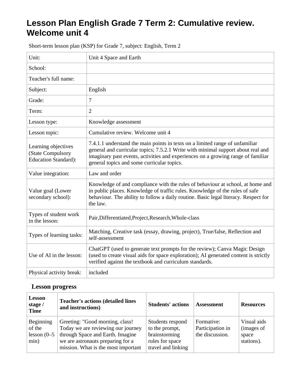 Lesson Plan English Grade 7 Term 2: Cumulative review. Welcome unit 4