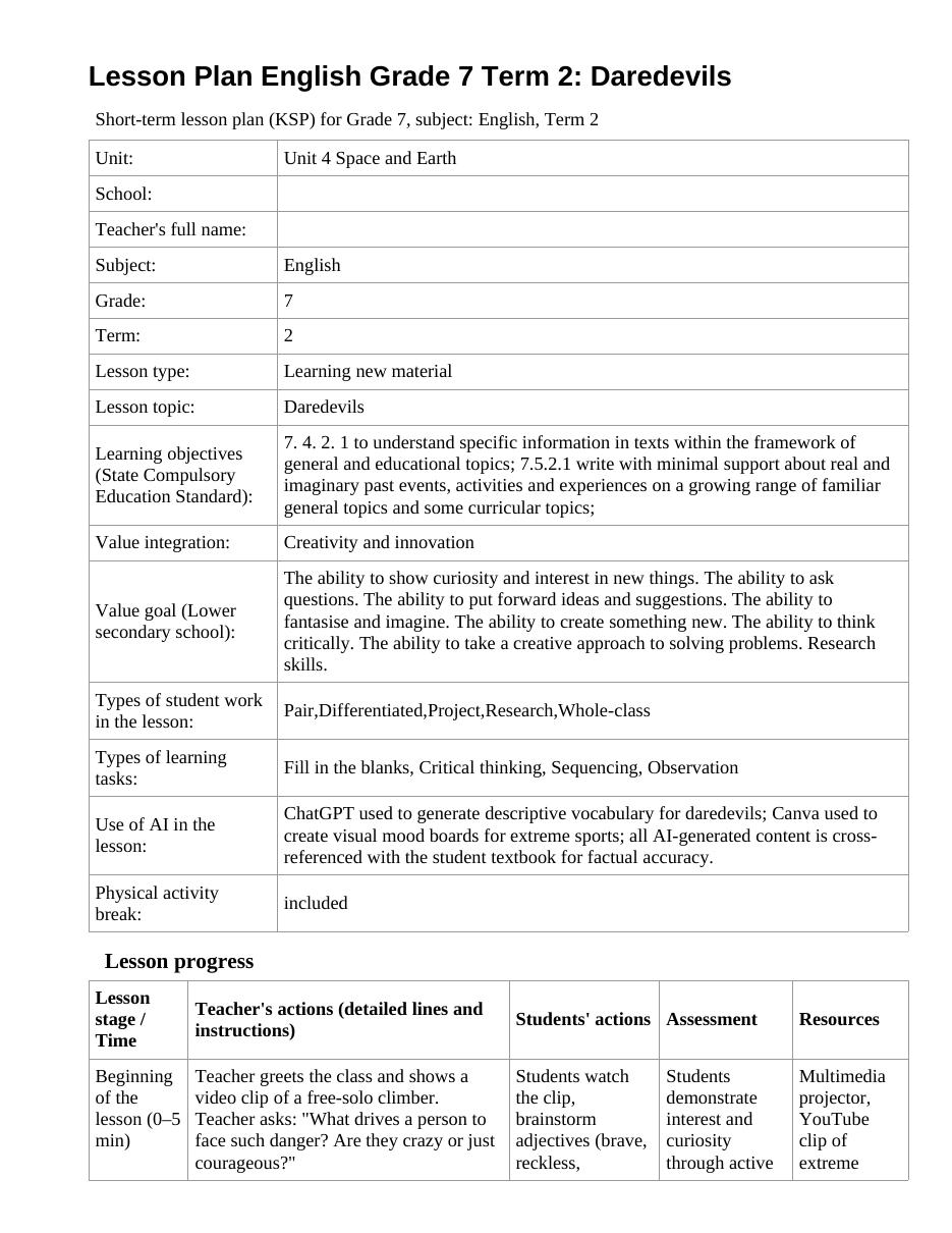Lesson Plan English Grade 7 Term 2: Daredevils